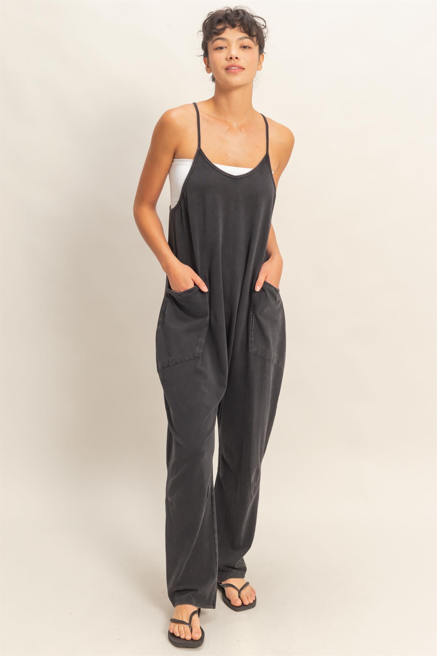 Wholesale Mineral Wash Spaghetti Strap Jumpsuit Clothing DZ26C375 BLACK DOUBLE ZERO