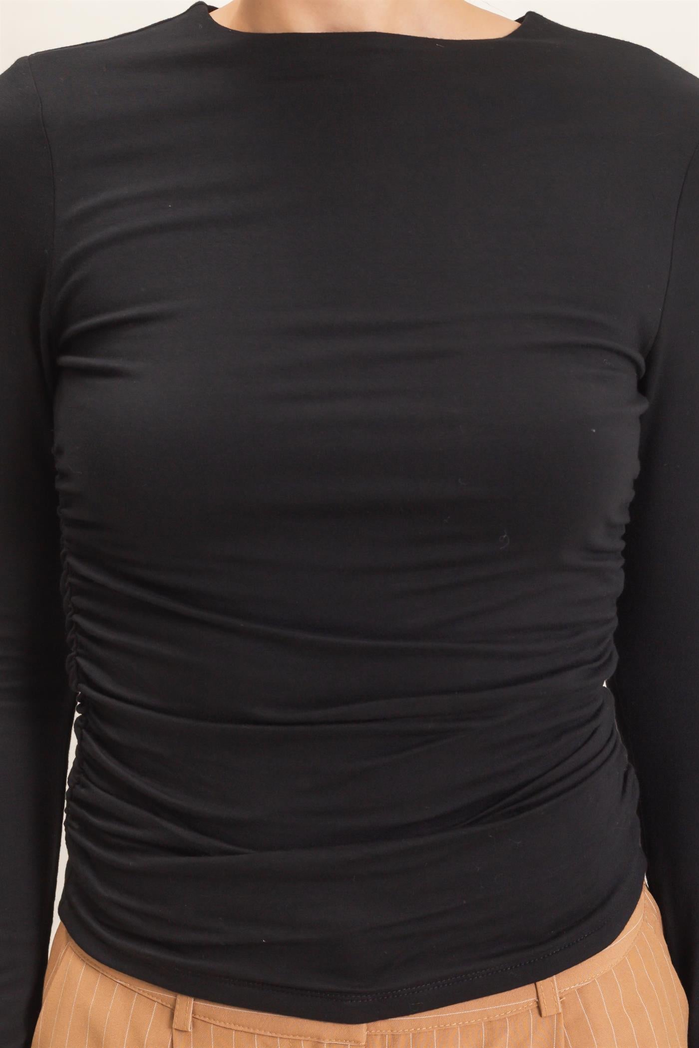 Wholesale Ruched Long Sleeve Top Clothing Tops HF26E776 BLACK HYFVE