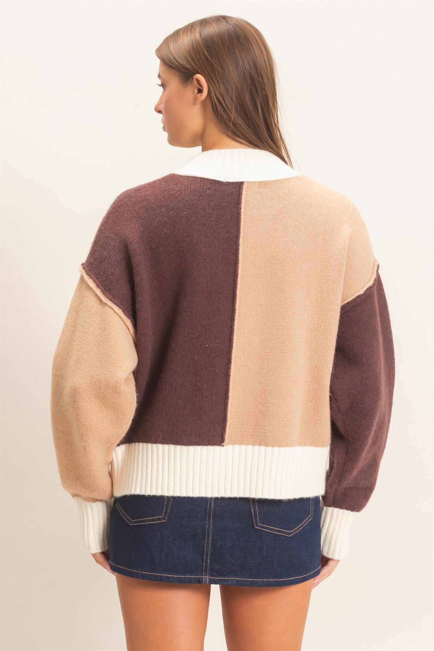 Wholesale Color Block Mock Neck Sweater Sweaters DZ27A211 BROWN DOUBLE ZERO
