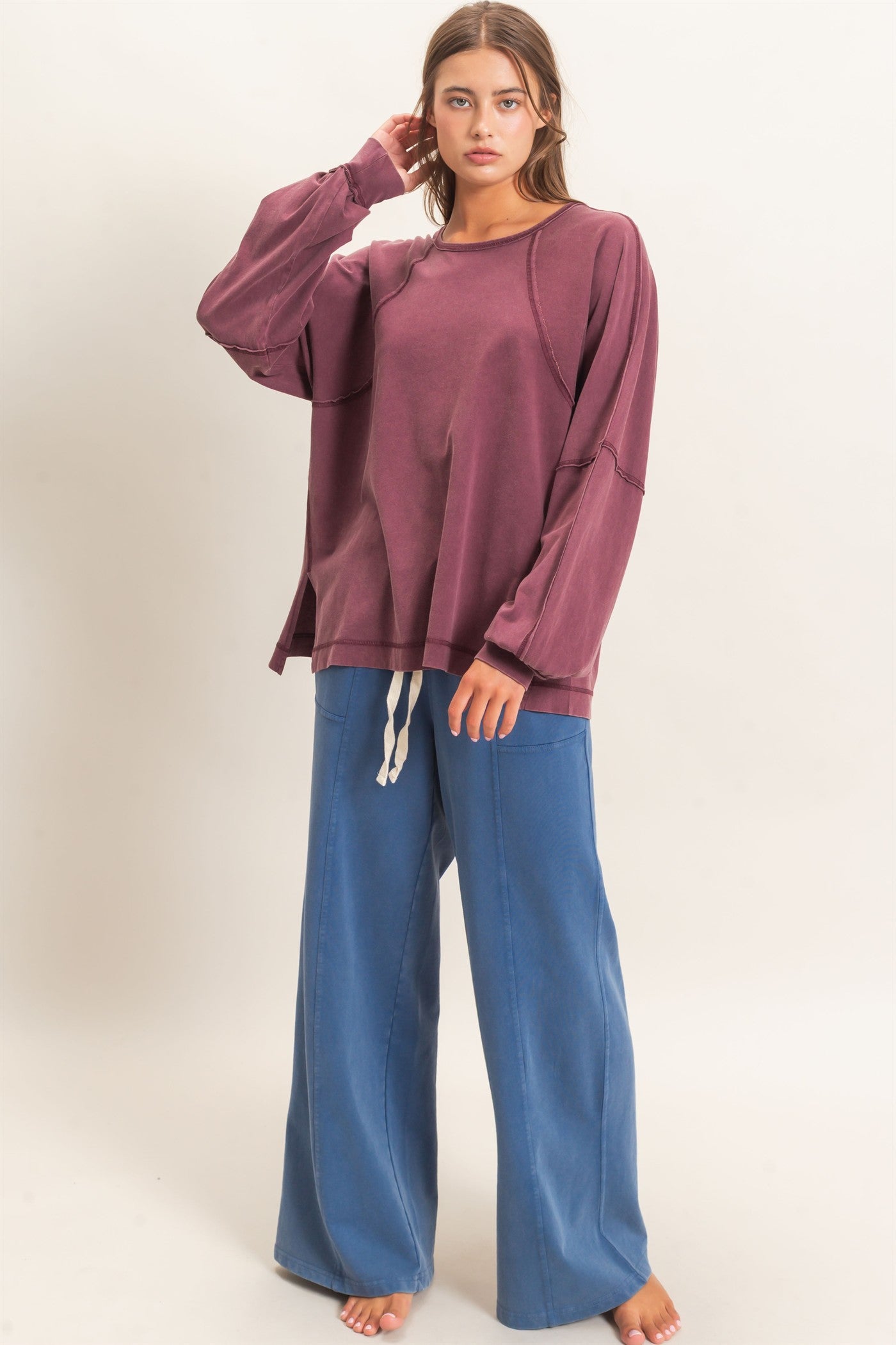 Wholesale Raglan Sleeve Snow Wash Top Shirts DZ26E945 DARK CHERRY DOUBLE ZERO