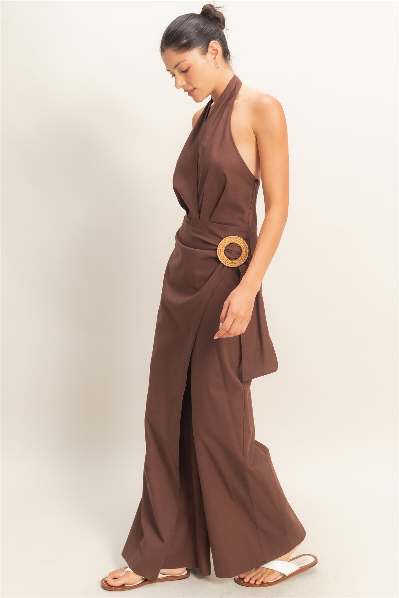 Wholesale Halter Wrap Jumpsuit Clothing HF26C374 DARK CHOCOLATE HYFVE