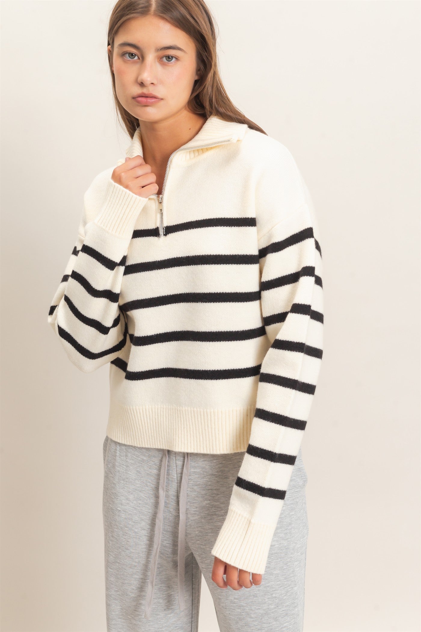Wholesale Half-Zip Collared Stripe Sweater Sweaters DZ26E950 CREAM DOUBLE ZERO