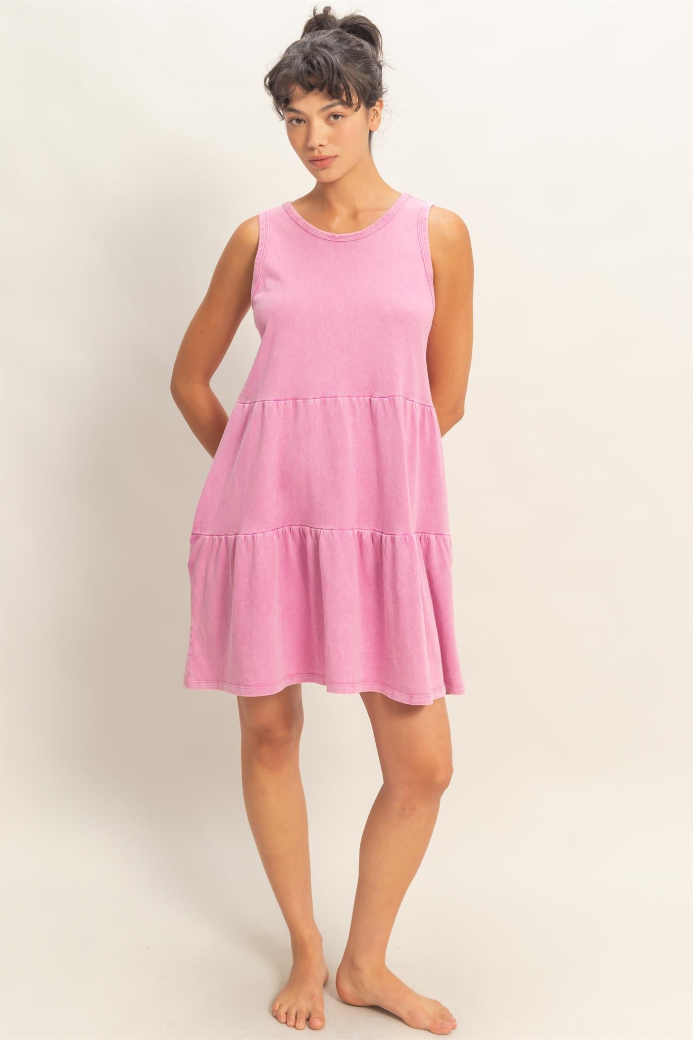 Wholesale Sleeveless Crewneck Tiered Mini Dress Dresses DZ26C208 FUCHSIA DOUBLE ZERO