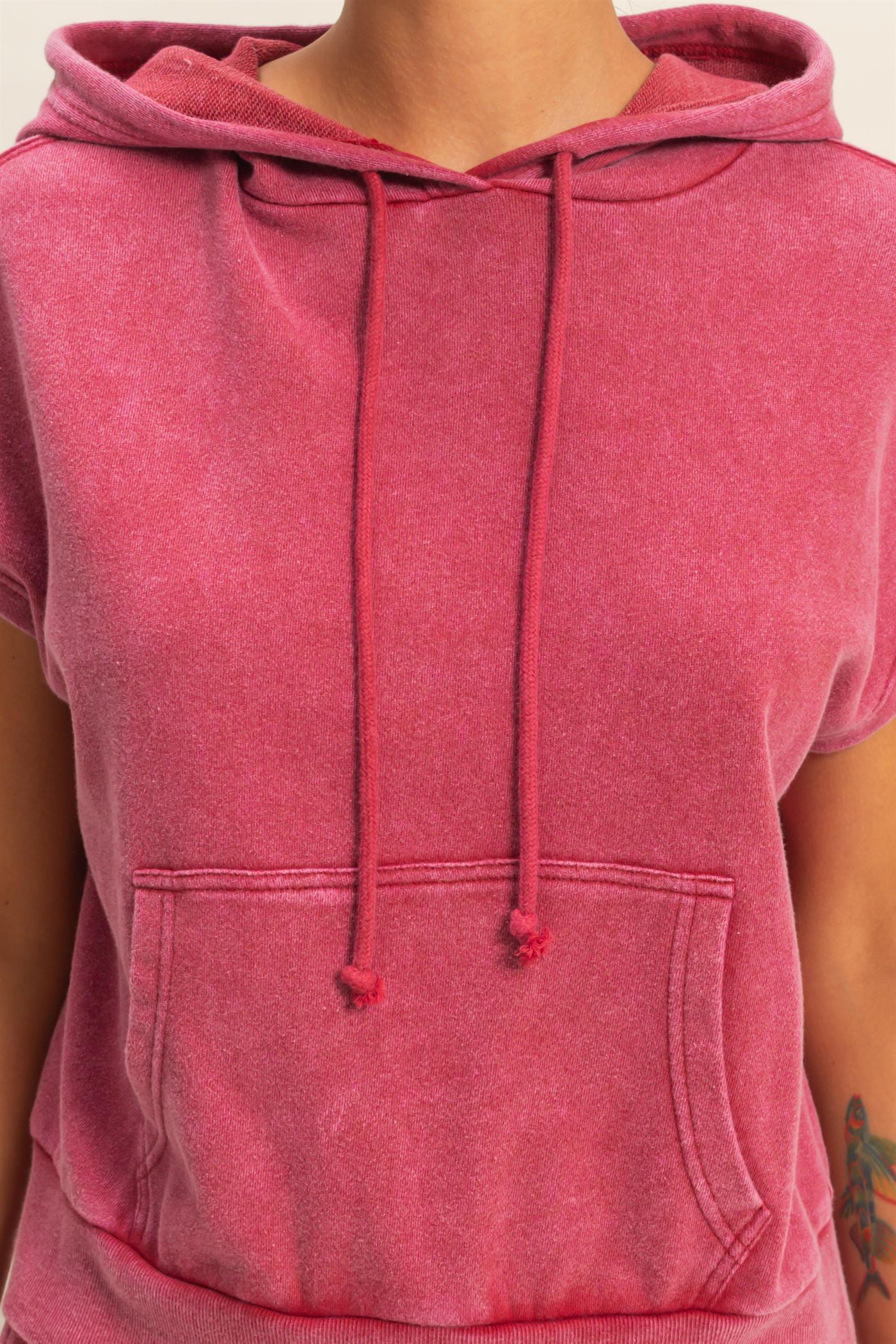 Wholesale Acid Washed Sleeveless Hooded Kangaroo Pocket Top Hoodies DZ26A411 DARK RED DOUBLE ZERO