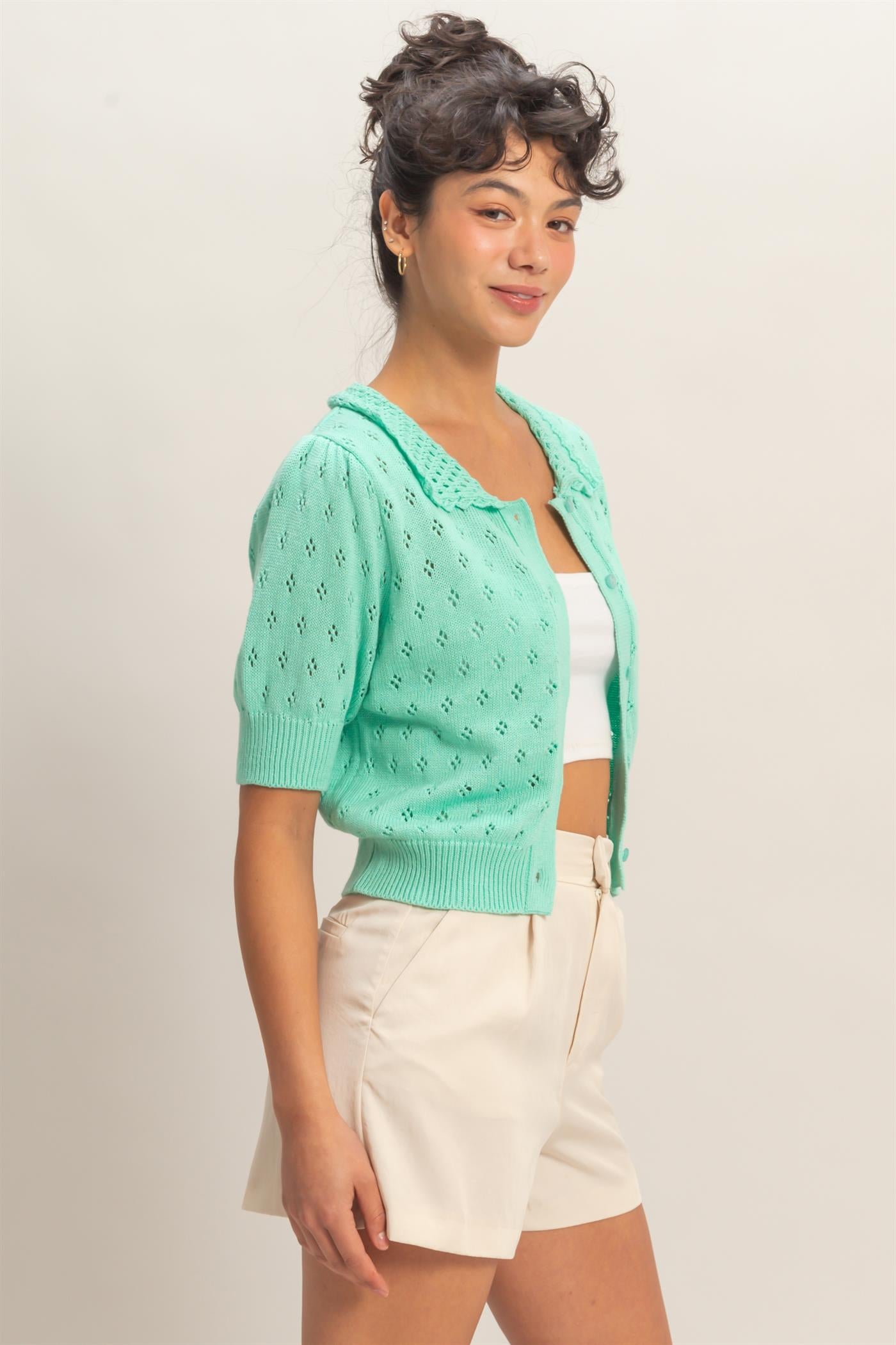 Wholesale Pointelle Collar Button-Up Puff Sleeve Knit Top Clothing Tops DZ26A748 MINT HYFVE