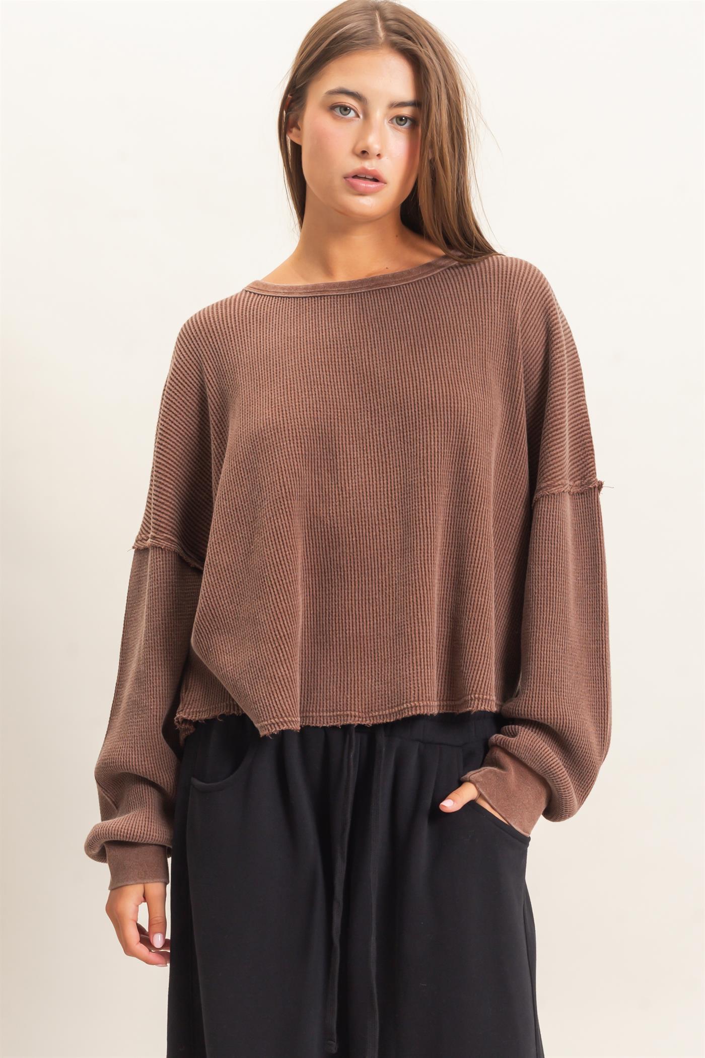 Wholesale Mineral Wash Waffle Oversized Top Clothing Tops DZ26E248 DARK BROWN DOUBLE ZERO