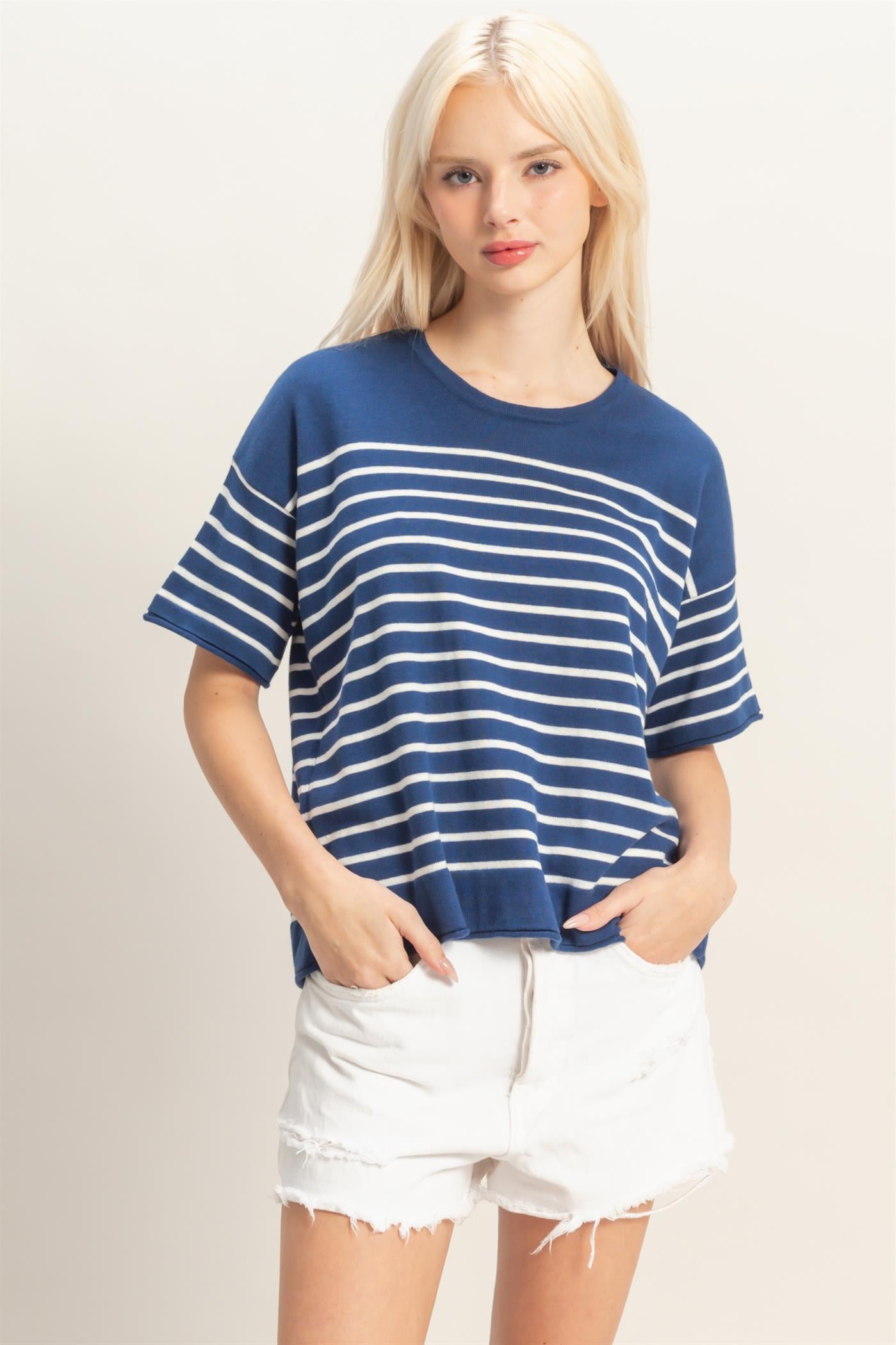 Wholesale Striped Short Sleeve Knit Top Clothing Tops DZ26A838 NAVY DOUBLE ZERO