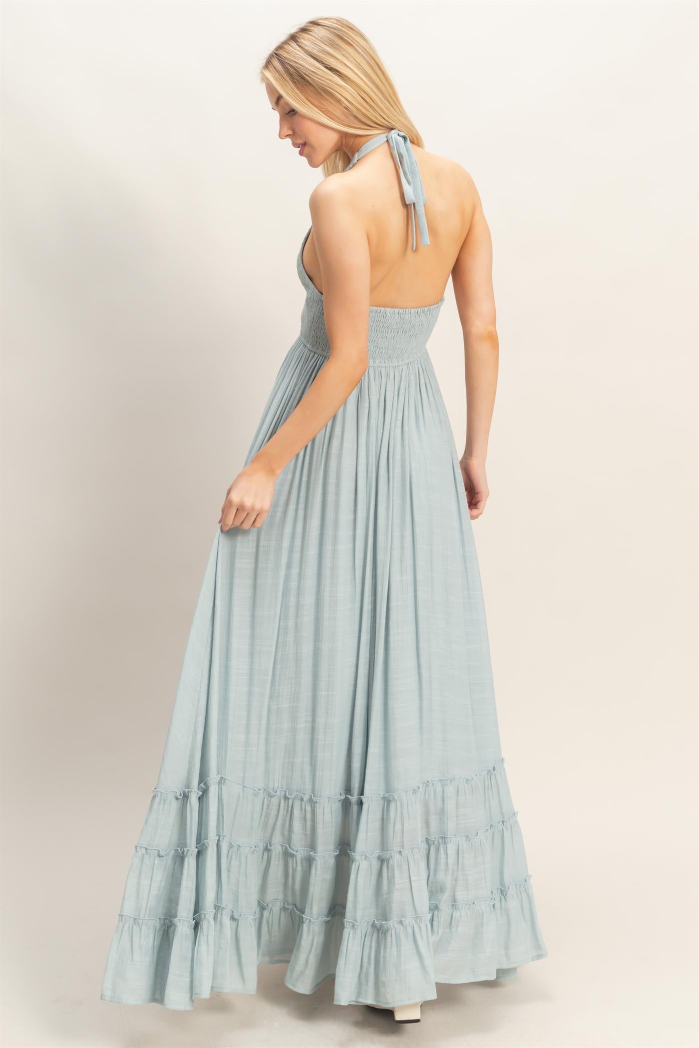 Wholesale Halter Neck Smocked Maxi Dress Dresses HF26C287-D D.BLUE HYFVE