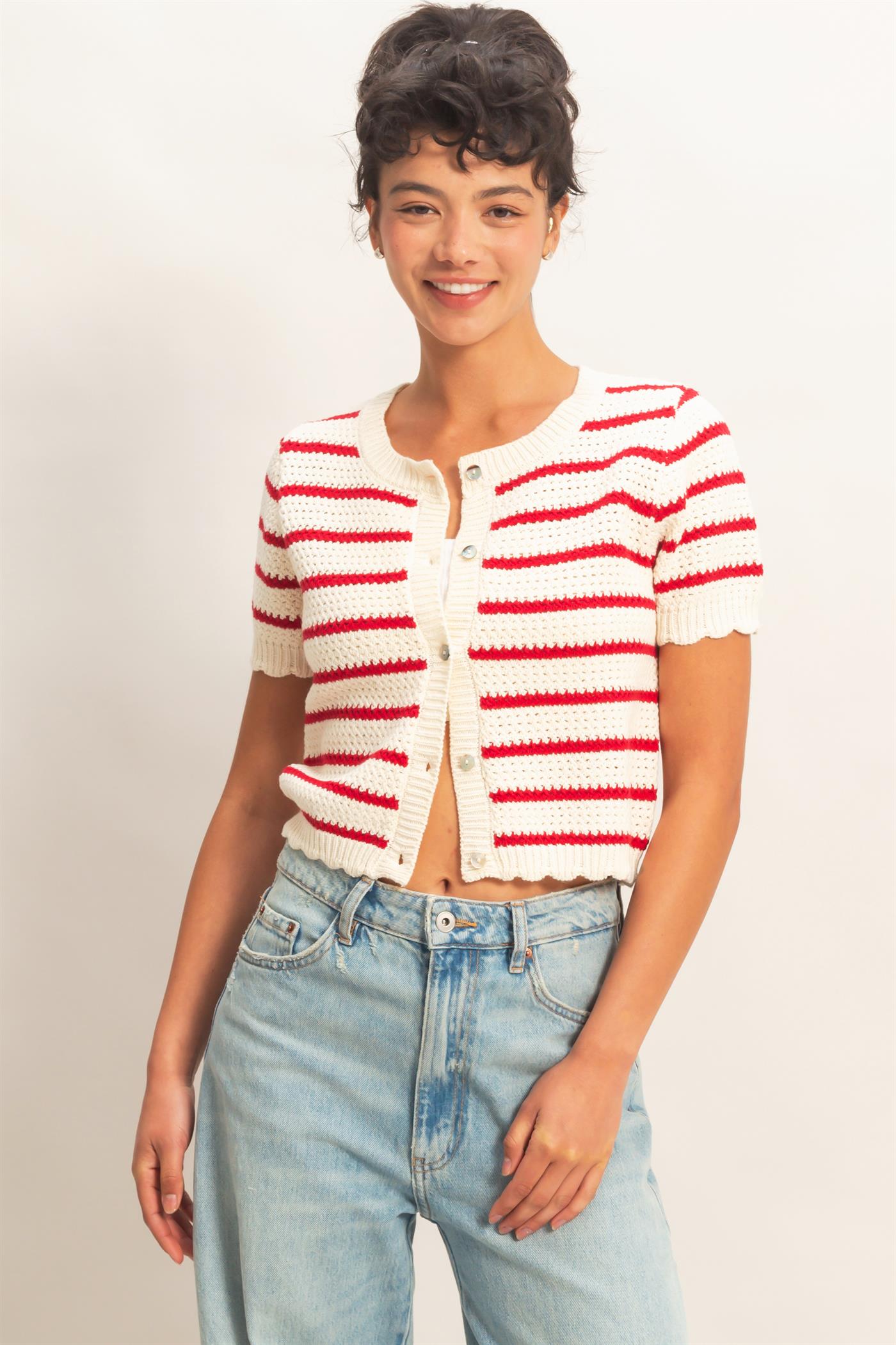 Wholesale Striped Short Sleeve Cardigan With Scallop Edge Cardigans DZ26A605 RED DOUBLE ZERO
