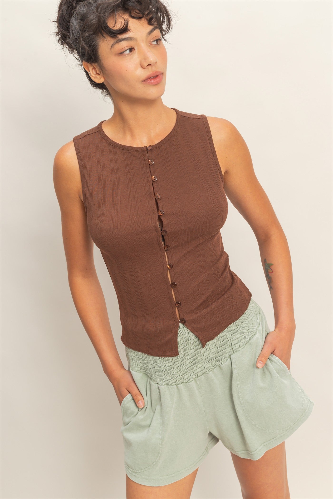 Wholesale Sleeveless Pointelle Button Front Top Clothing Tops DZ26A759 CHOCOLATE DOUBLE ZERO