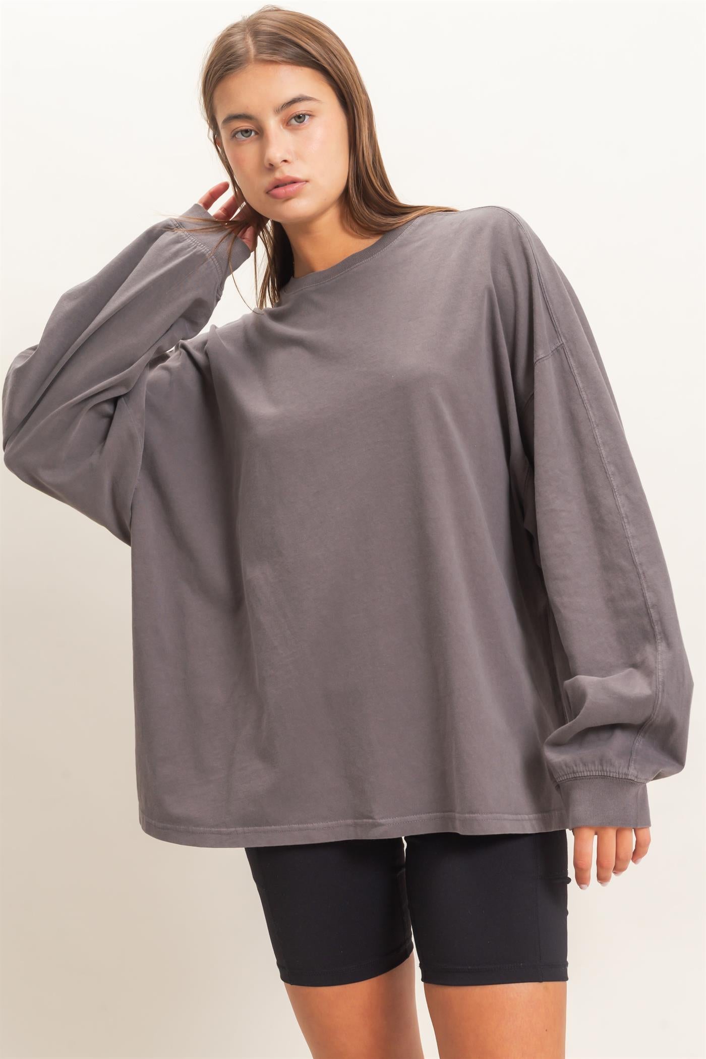Wholesale Pigment Dye Oversized Long Sleeve Top Clothing Tops DZ26A825 CHARCOAL DOUBLE ZERO
