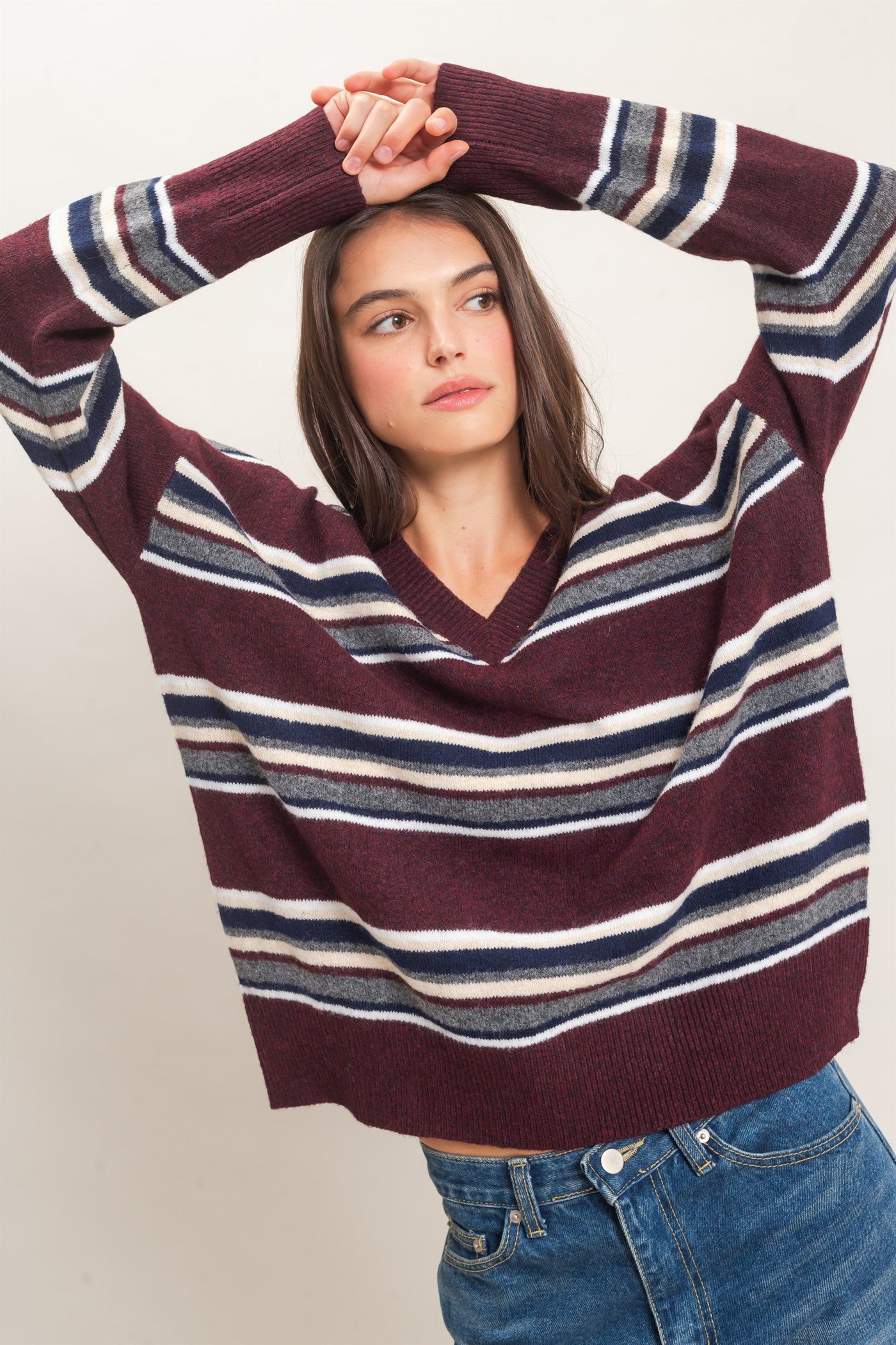 Wholesale V-Neck Striped Sweater Sweaters HF26E476 WINE HYFVE