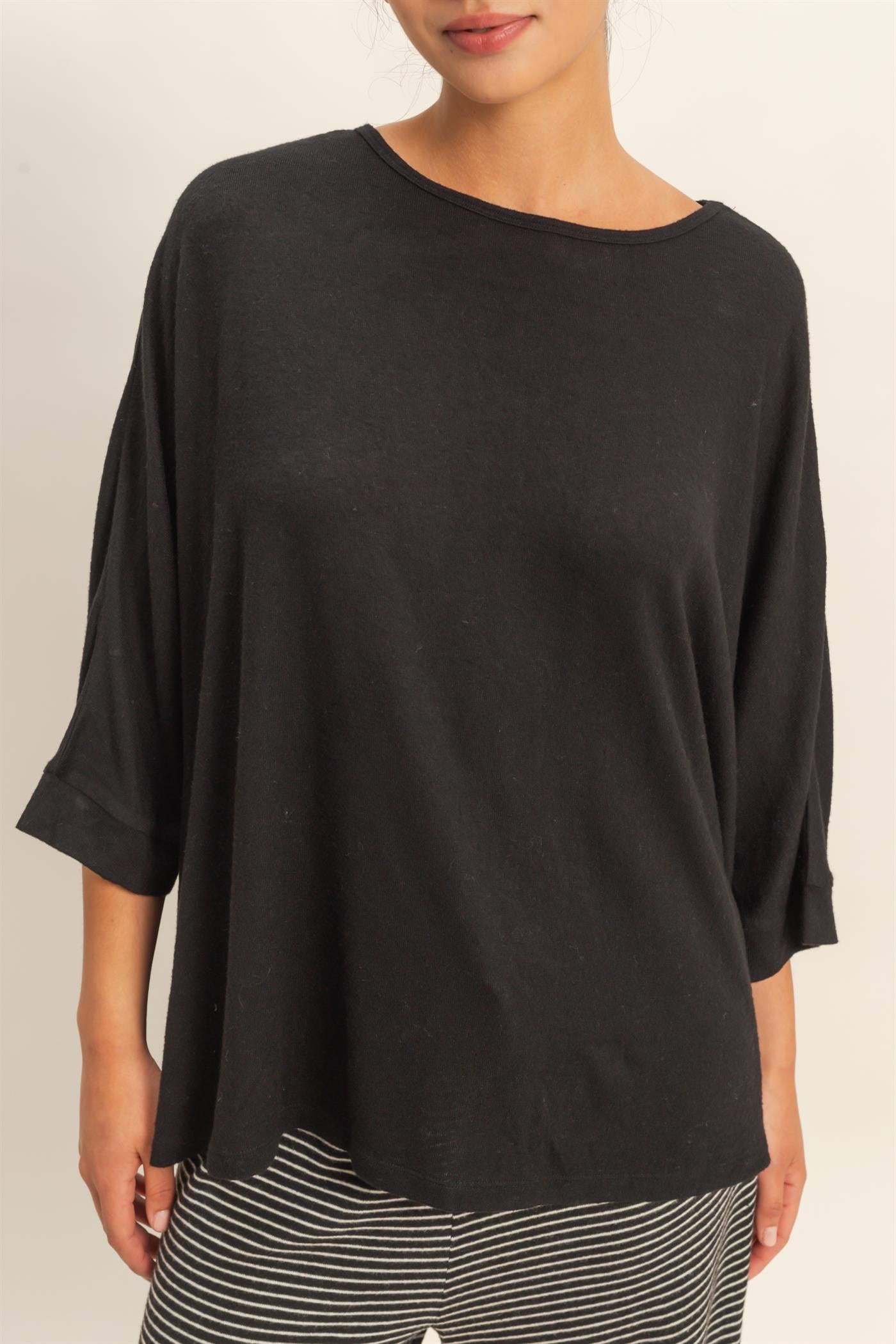 Wholesale Batwing 3/4 Sleeve Oversized Top Clothing Tops DZ25E133 BLACK DOUBLE ZERO