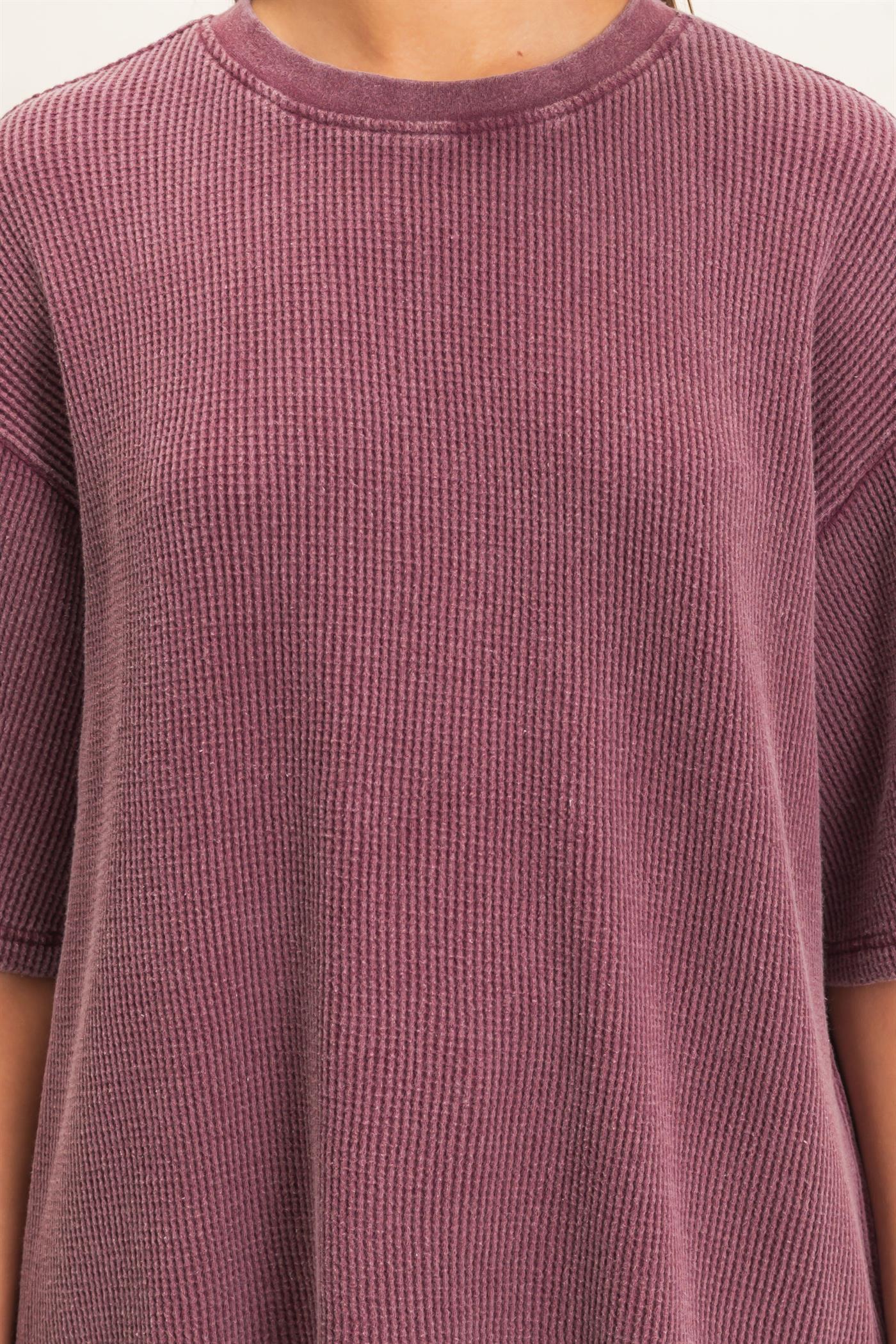 Wholesale Mineral Wash Waffle Crew Neck Short Sleeve Top Clothing Tops DZ26E328 DARK CHERRY DOUBLE ZERO