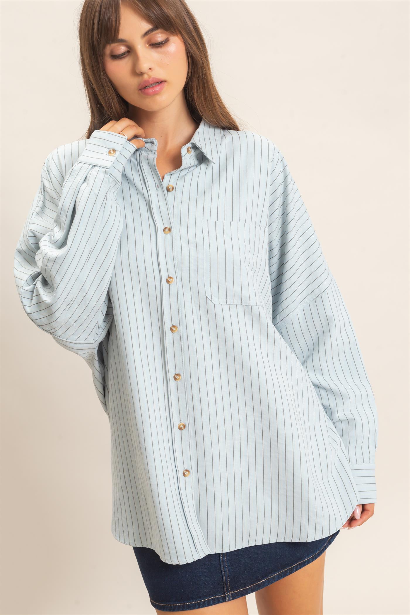 Wholesale Striped Button-Up Shirt Shirts HF26F134 BLUE HYFVE