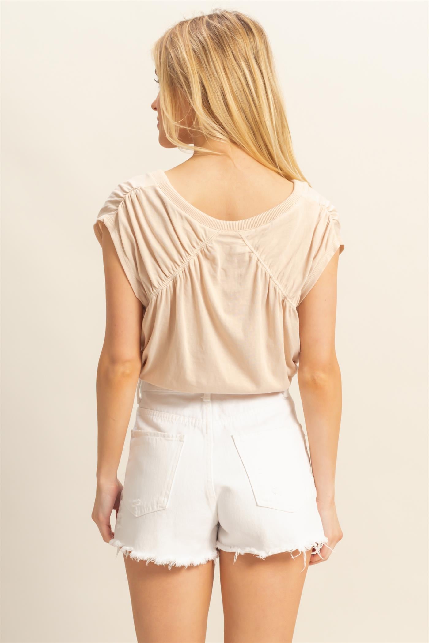 Wholesale Cap Sleeve Drawstring Waist Knit Top Clothing Tops HF25C879 SAND HYFVE
