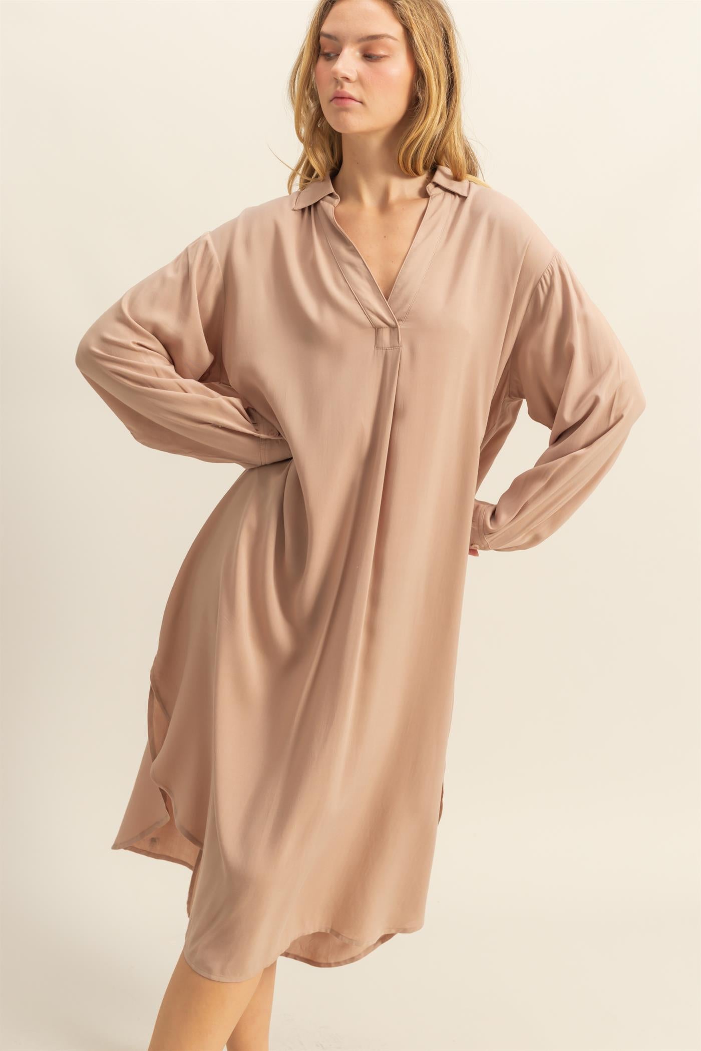 Wholesale V-Neck Long Sleeved Midi Shirts Dress Dresses DZ24E706 DARK TAUPE DOUBLE ZERO