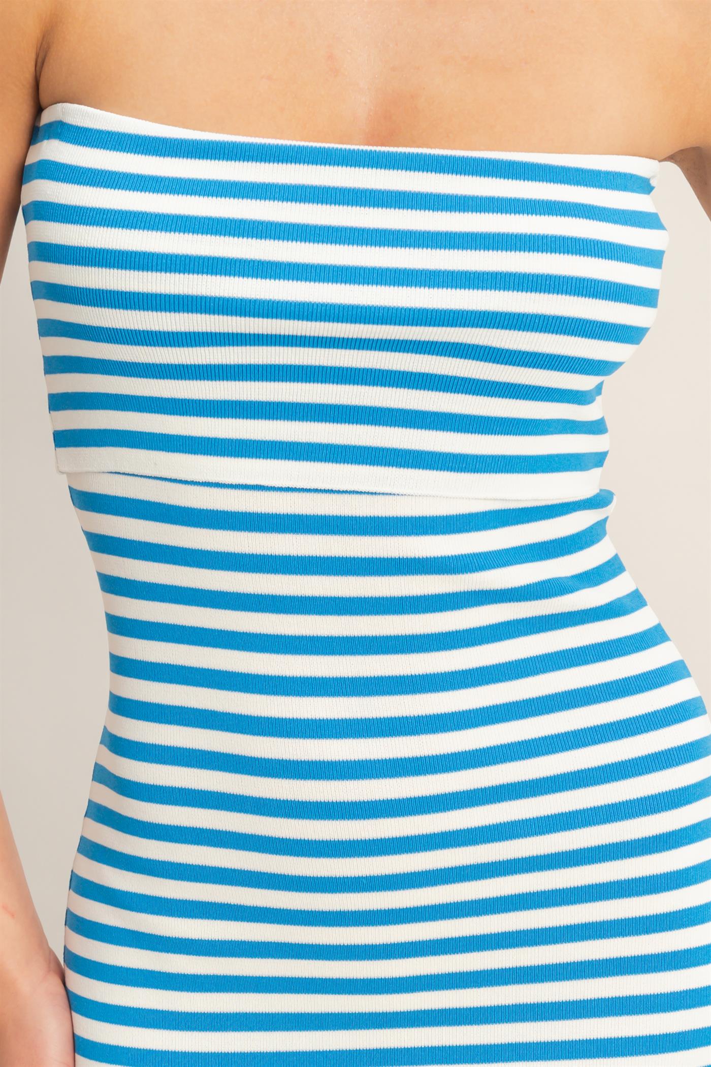 Wholesale Strapless Striped Bodycon Midi Dress Dresses DZ26C336 BLUE DOUBLE ZERO
