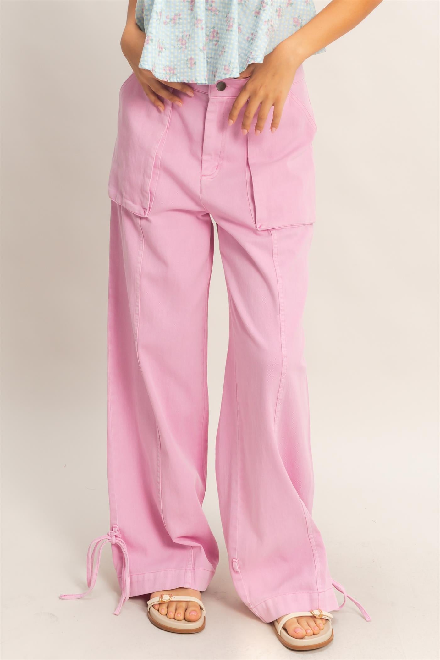 Wholesale High Rise Cargo Pants With Ankle Ties Pants DZ24C156 PINK DOUBLE ZERO