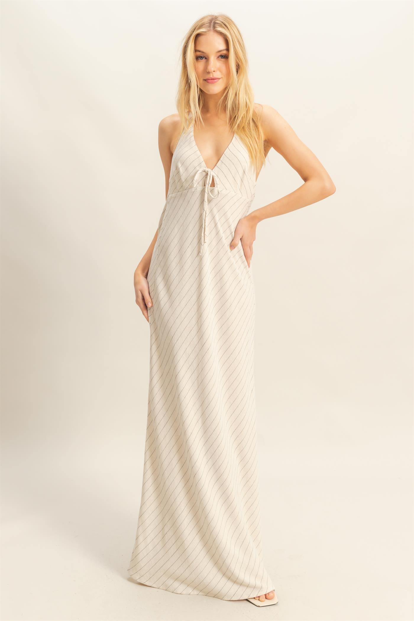 Wholesale Striped Halter Neck Linen Maxi Dress Dresses HF25C373 OATMEAL HYFVE