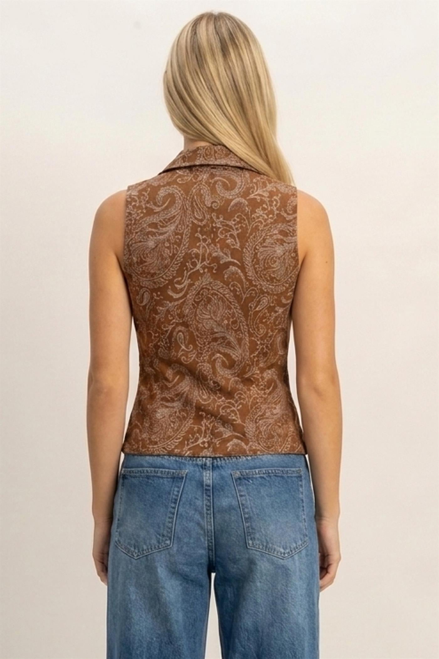 Wholesale Paisley Lace-Up Vest Clothing Tops HF26E171 CHESTNUT HYFVE