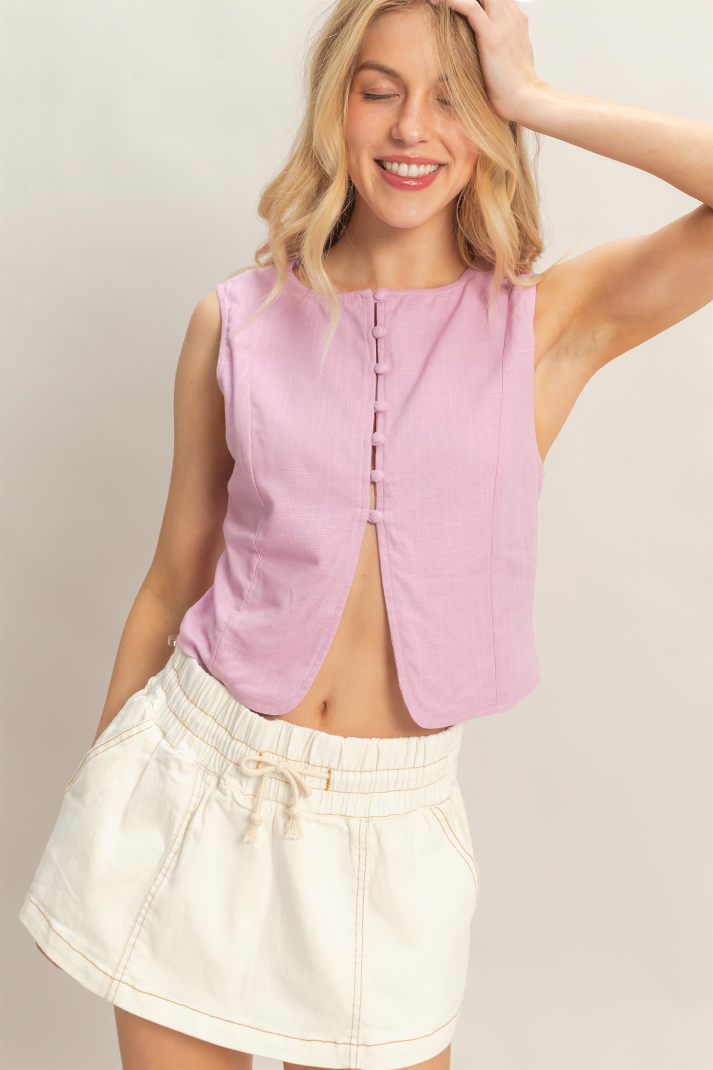 Wholesale Sleeveless Button Front Top Clothing Tops HF26A583 PINK LAVENDER HYFVE
