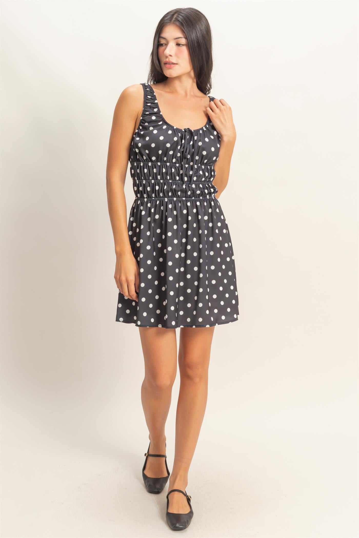 Wholesale Satin Polka Dot Mini Dress With Tie Dresses DZ25E064 BLACK DOUBLE ZERO