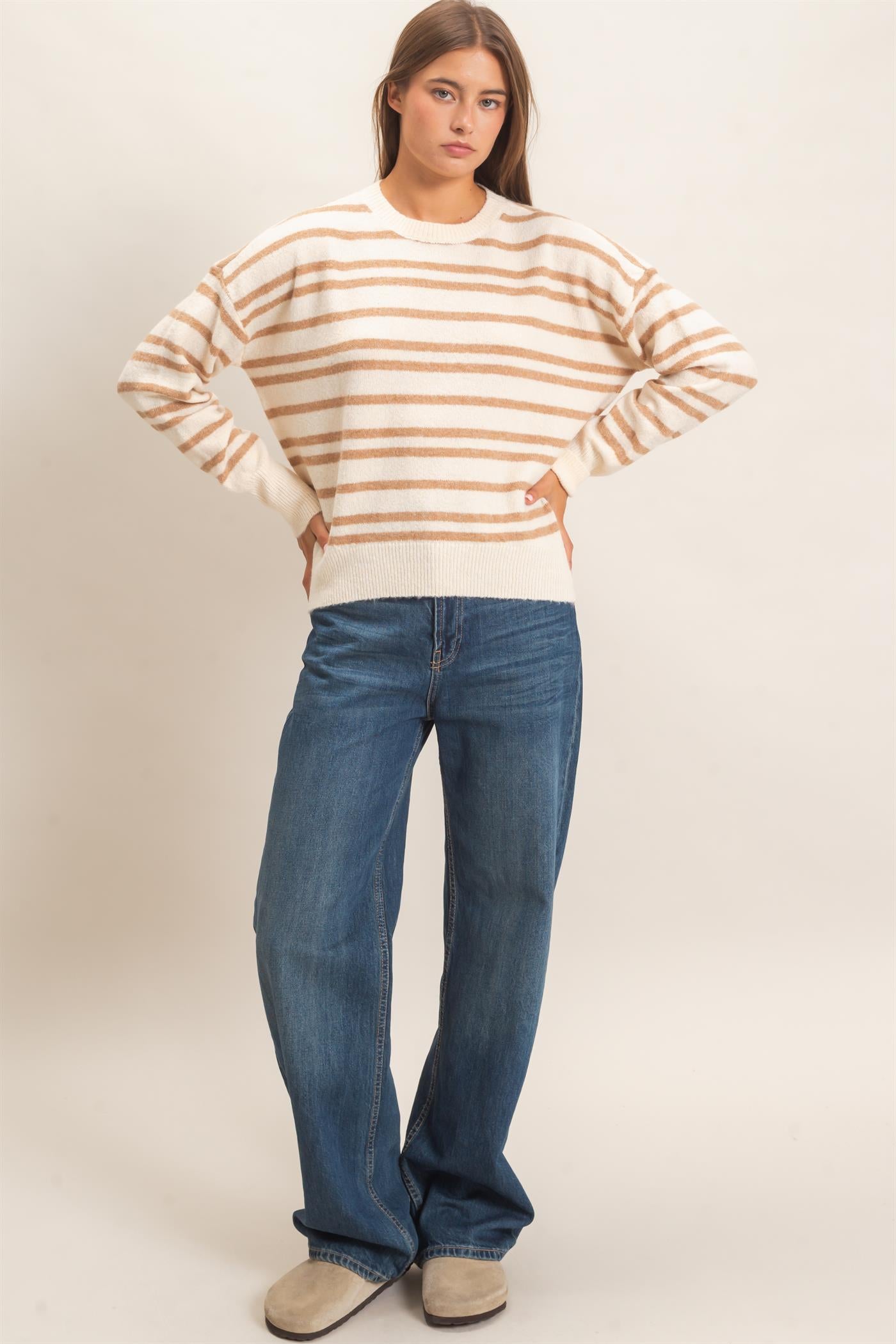 Wholesale Striped Crew Neck Sweater Sweaters DZ26E389 TAUPE DOUBLE ZERO