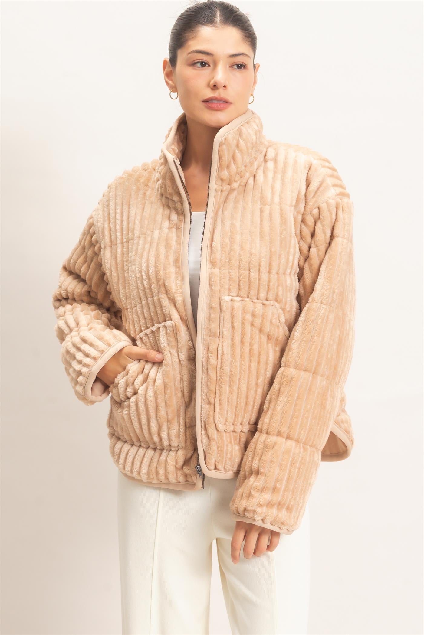 Wholesale Quilted Corduroy Zip-Up Jacket Coats & Jackets HF26E753 BEIGE HYFVE