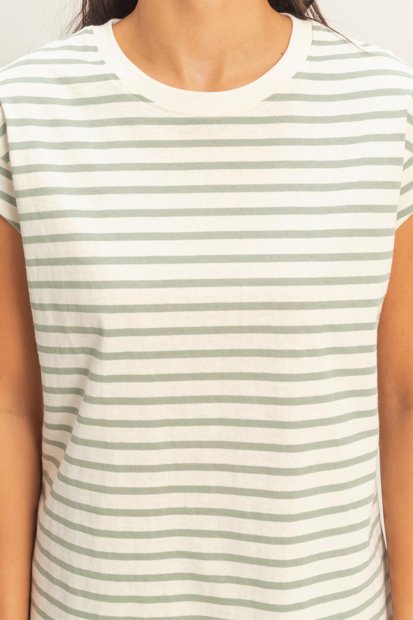 Wholesale Striped Cap Sleeve Relaxed Everyday Tee Clothing Tops DZ26C059 SAGE GREEN DOUBLE ZERO