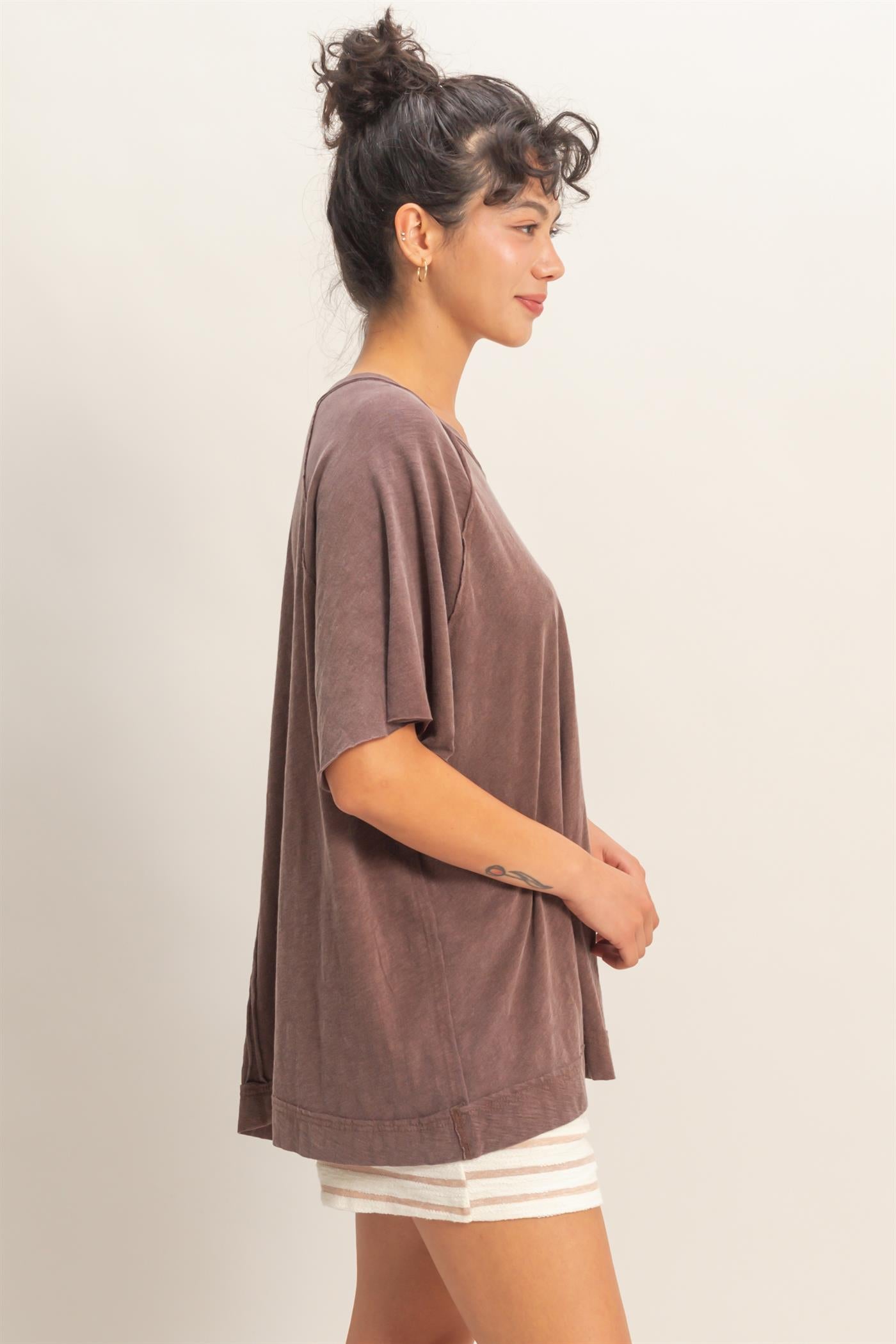 Wholesale Acid Washed Oversized Raw Edges Raglan Tee T-Shirts DZ26A333 CHOCOLATE DOUBLE ZERO