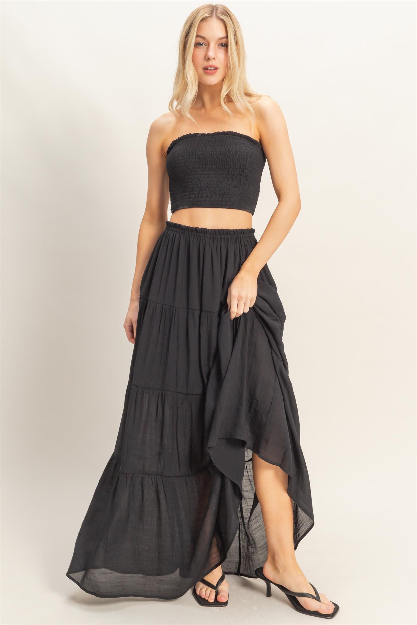 Wholesale Smocked Tube Top & Tiered Skirt Set Clothing HF26C289-SET-D BLACK HYFVE