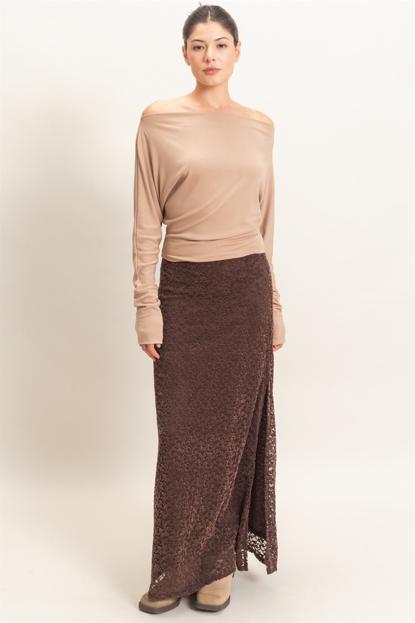 Wholesale Velvet Lace Maxi Skirt Skirts HF26E702 CHOCOLATE HYFVE