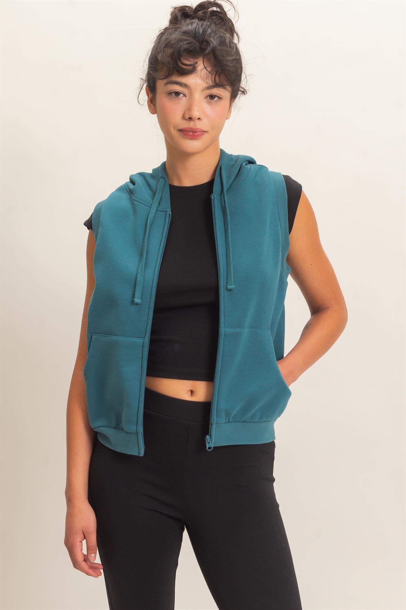 Wholesale Sleeveless Zip Up Hoodie Hoodies DZ26E330 DARK TEAL DOUBLE ZERO