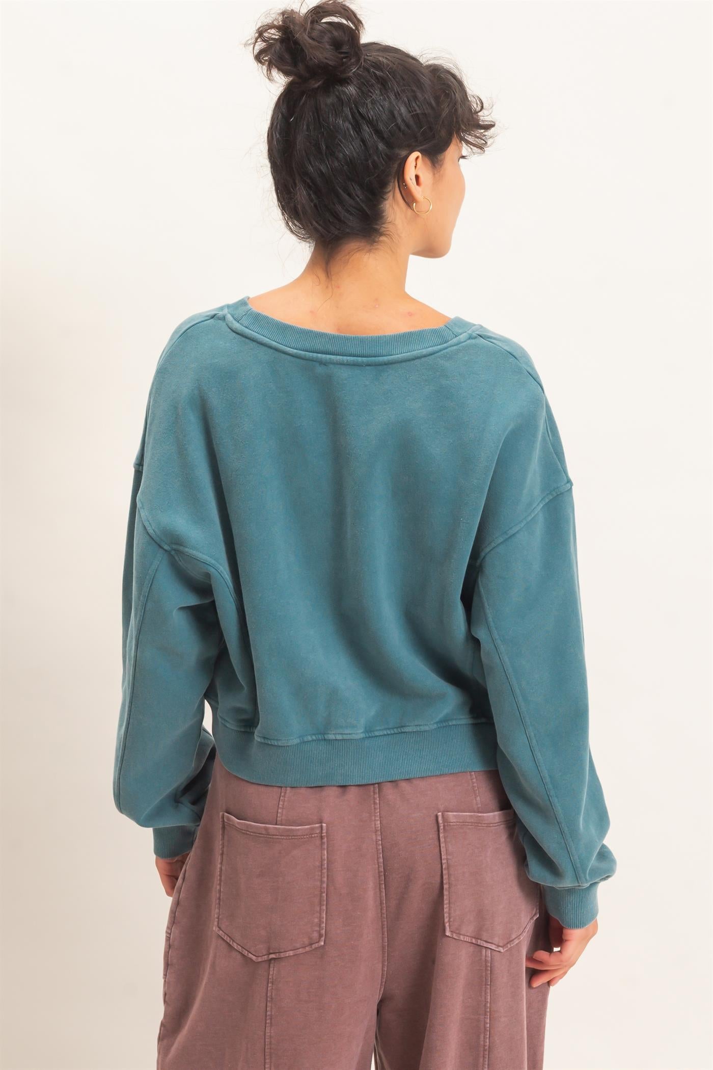 Wholesale Snow Wash V-Neck Sweatshirt Sweatshirts DZ26C844 DARK TEAL DOUBLE ZERO
