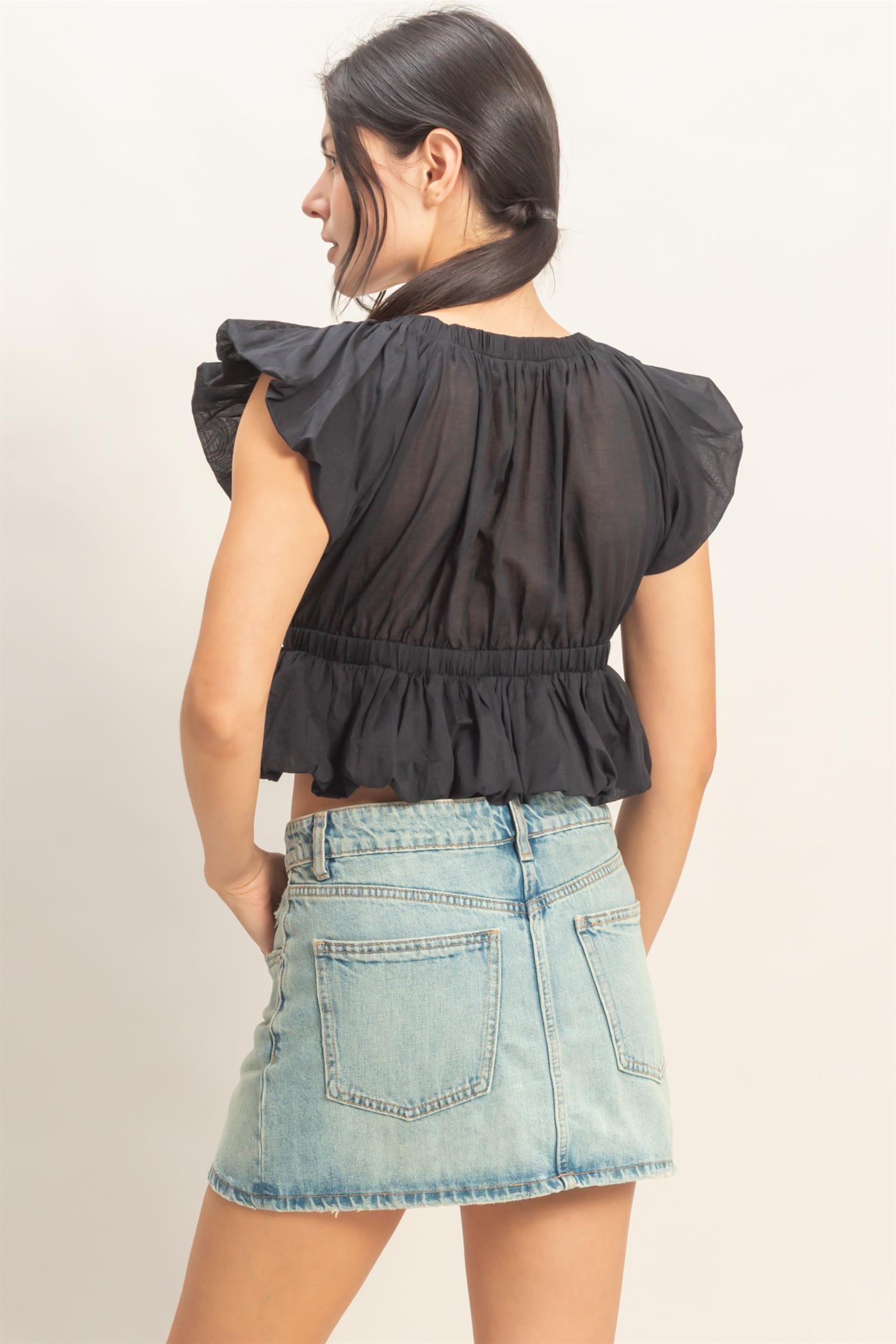 Wholesale Ruched V-Neck Puff Sleeve Top Clothing Tops HF26A122 BLACK HYFVE