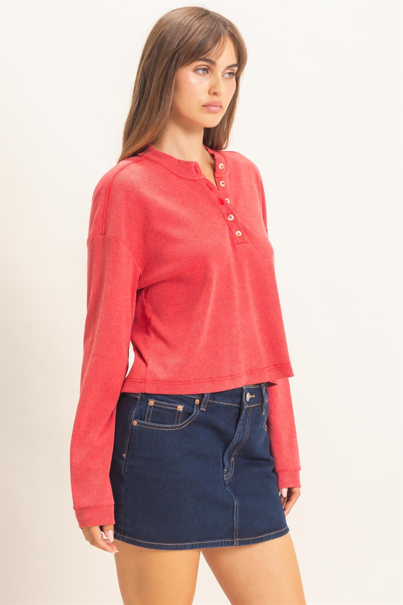 Wholesale Buttoned Henley Top Clothing Tops HF26F081 RED HYFVE