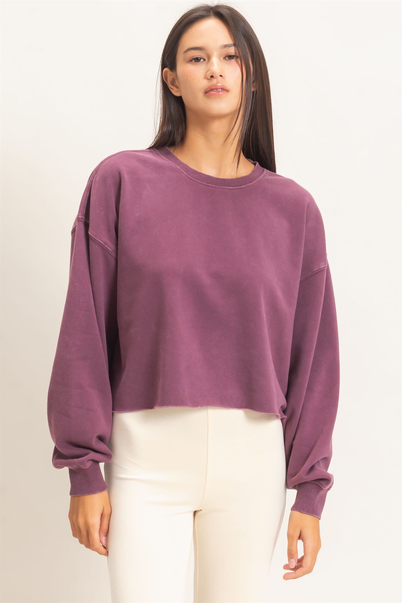 Wholesale Mineral Wash Raw Hem Cropped Sweatshirt Sweatshirts DZ26C968 DARK CHERRY DOUBLE ZERO