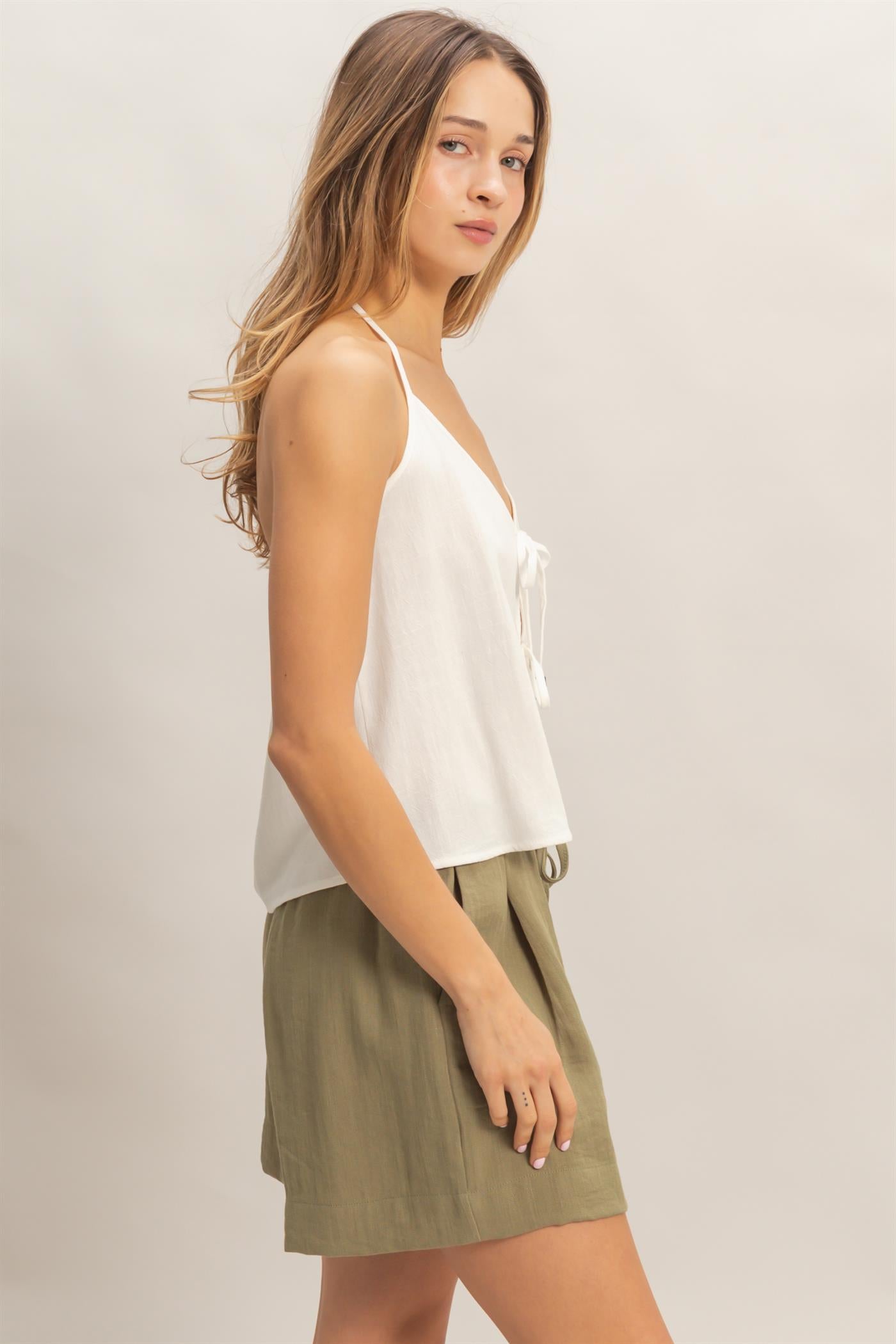 Wholesale Halter Tie Front Top With Beads Detail Blouses HF26A836 OFF WHITE HYFVE