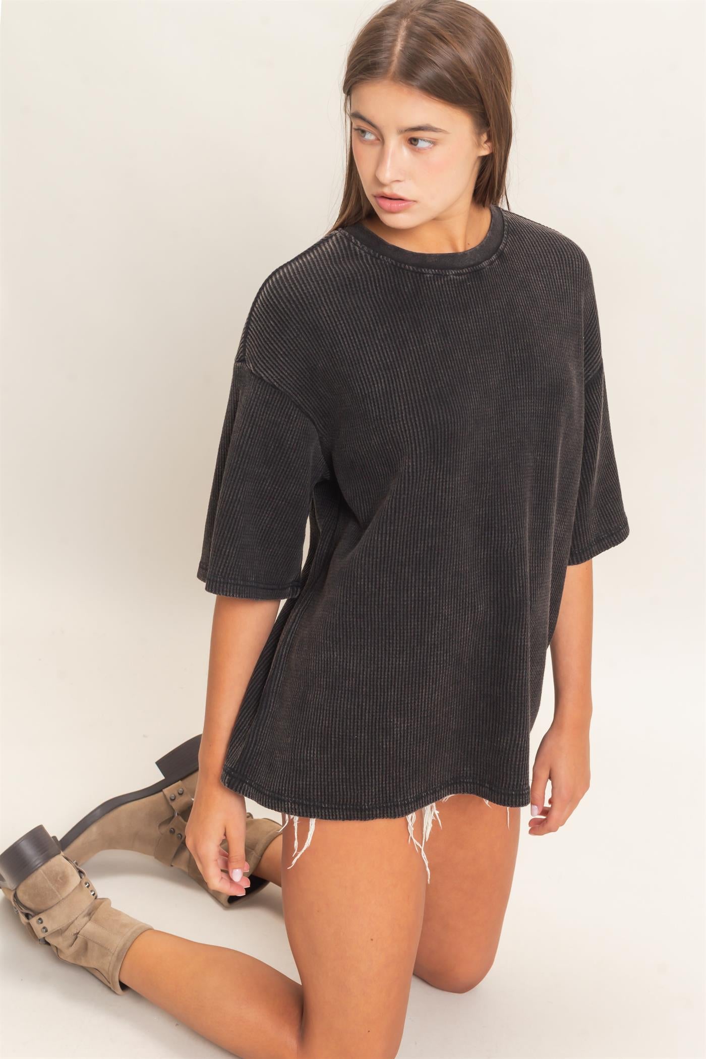 Wholesale Mineral Wash Waffle Crew Neck Short Sleeve Top Clothing Tops DZ26E328 BLACK DOUBLE ZERO