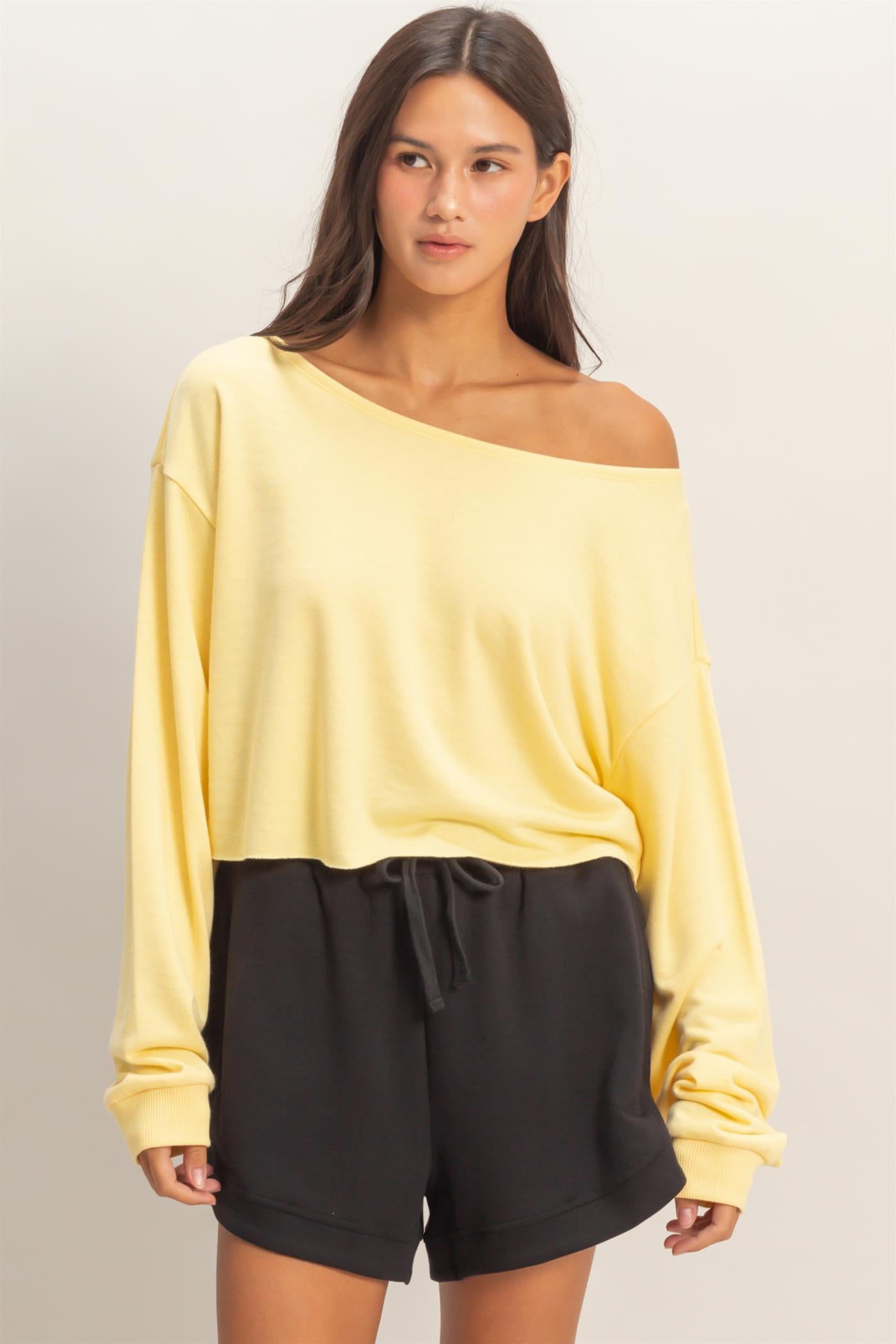 Wholesale Casually Cute Boat Neck Long Sleeve Top Clothing Tops DZ25C023 CREAMY YELLOW DOUBLE ZERO