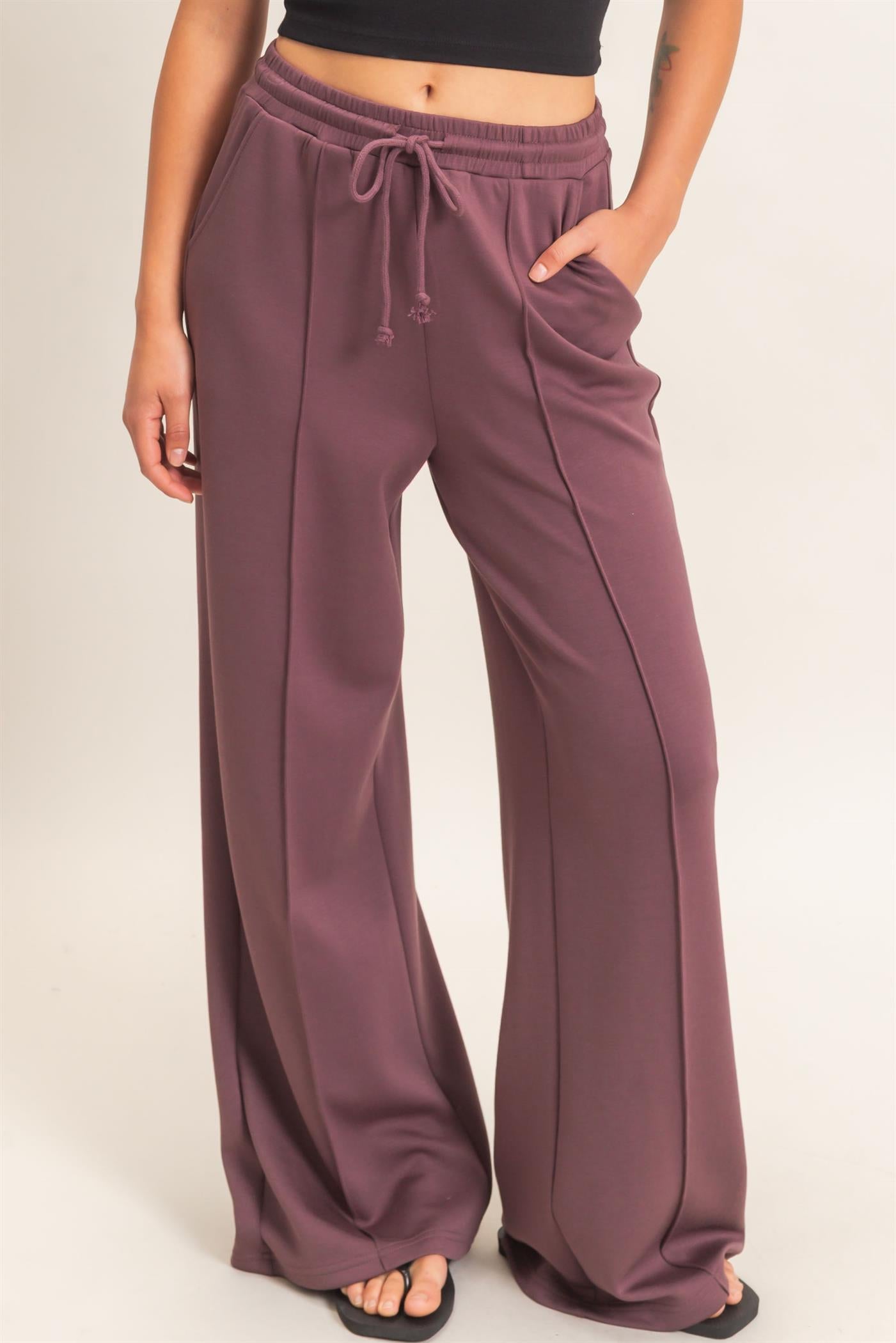 Wholesale Drawstring Waist Pintuck Wide Leg Pants Pants DZ26E384 COCOA HYFVE