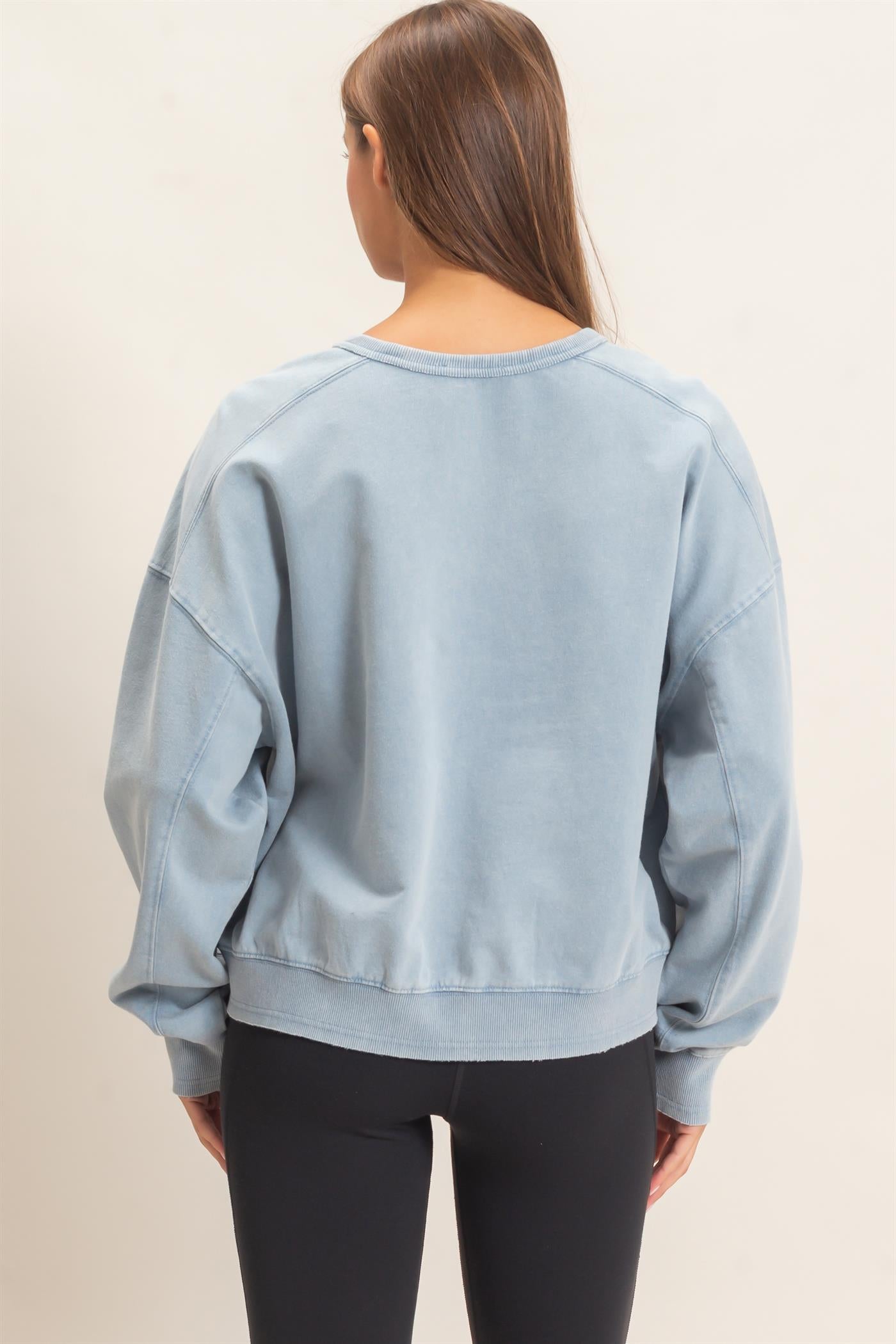 Wholesale Acid Wash Seam Detail Crew Neck Sweatshirt Sweatshirts DZ26E260 DUSTY BLUE DOUBLE ZERO