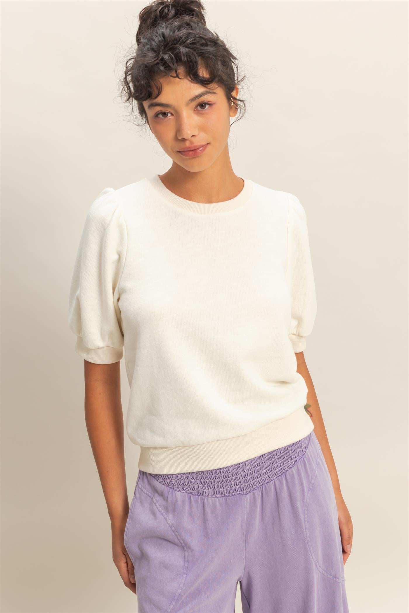 Wholesale Puff Short Sleeve Crew Neck Top Clothing Tops DZ26A927 WHIP CREAM DOUBLE ZERO