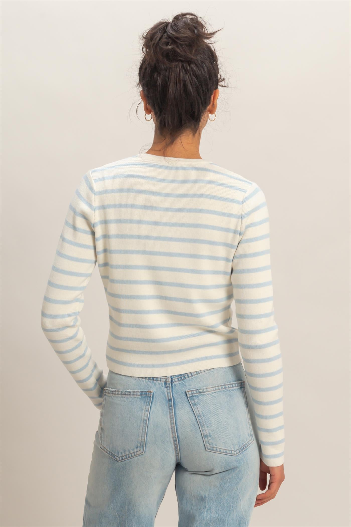 Wholesale Striped Button-Up Cardigan Cardigans DZ26C166 ICE BLUE DOUBLE ZERO