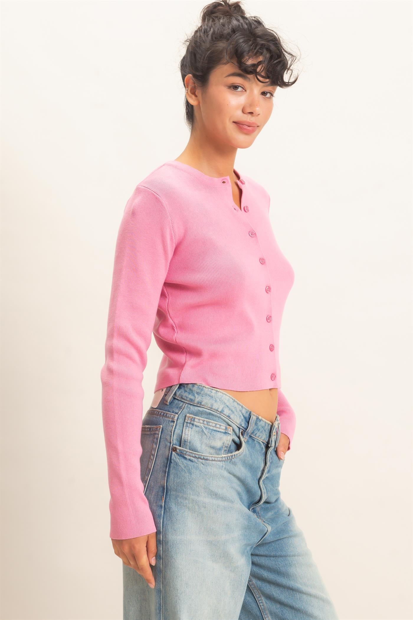 Wholesale Ribbed Crew Neck Cardigan Cardigans DZ27A153 PINK DOUBLE ZERO