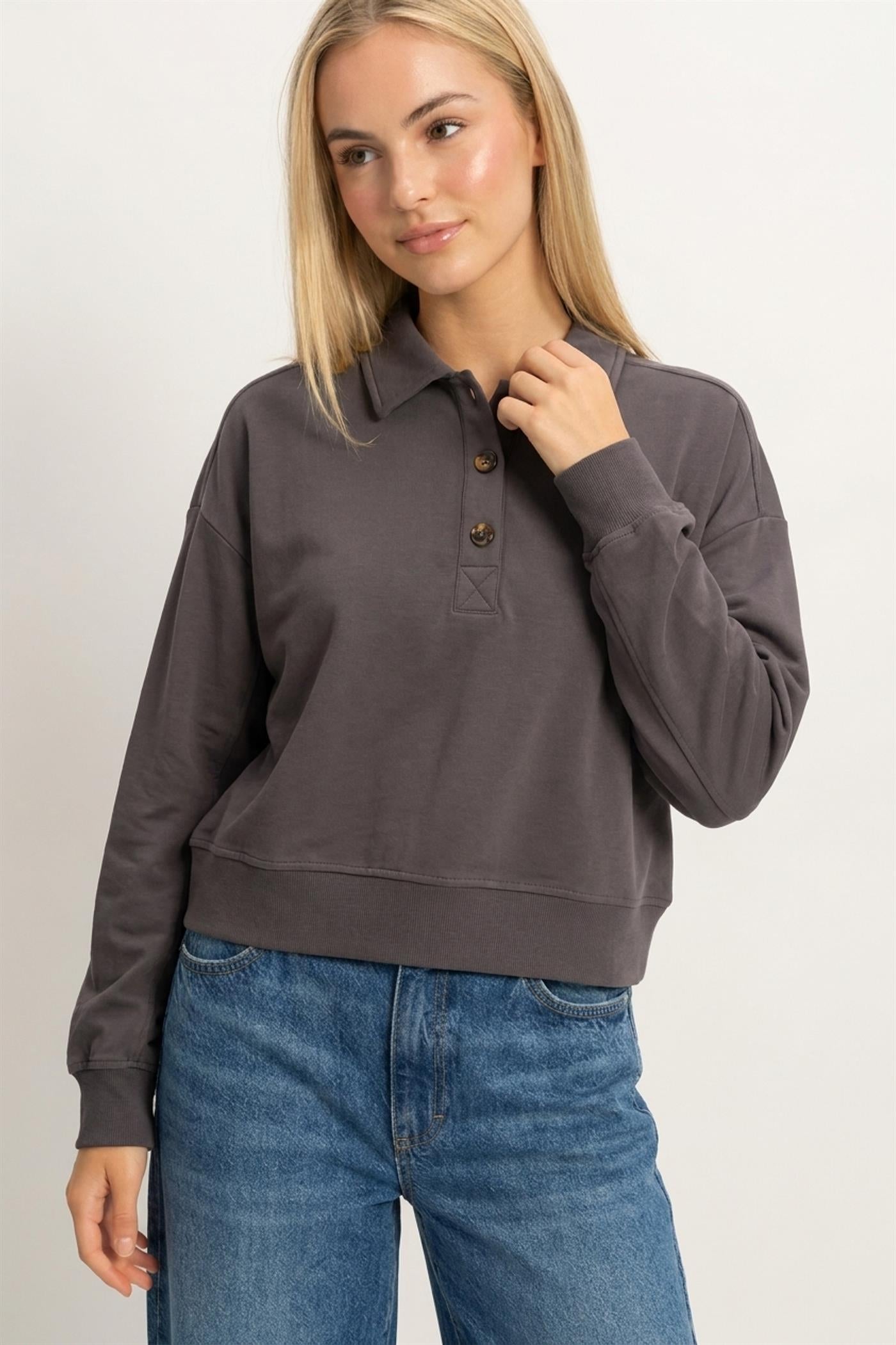 Wholesale Washed Button-Front Collared Sweatshirt Sweatshirts DZ26E390 CHARCOAL DOUBLE ZERO