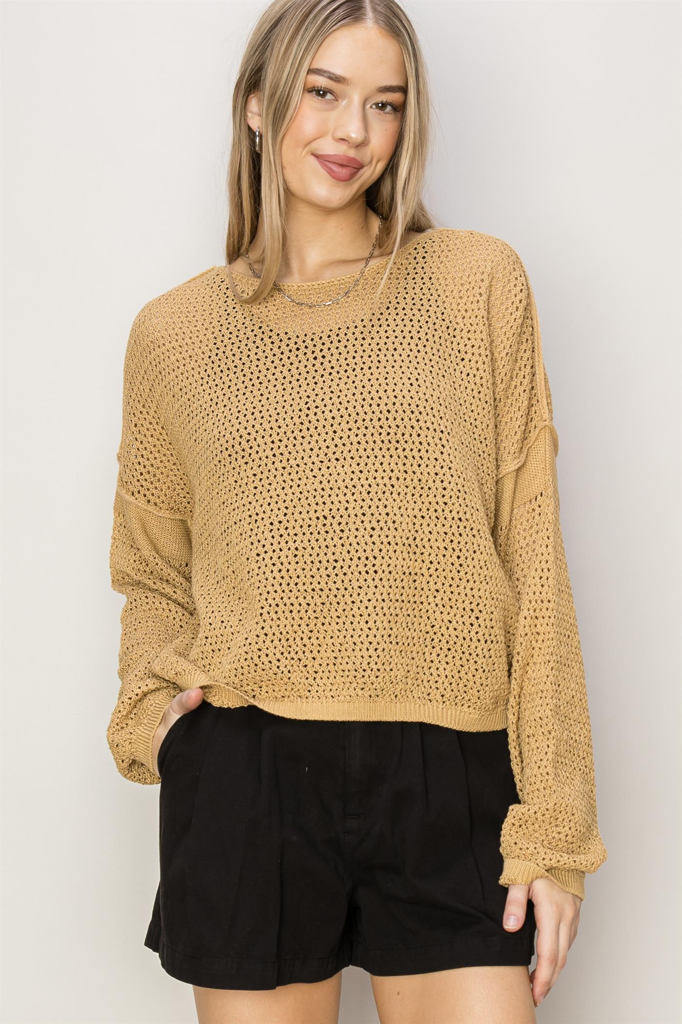 Wholesale Open Knit Drop Shoulder Sweater Clothing Tops DZ24C033 SAND DOUBLE ZERO