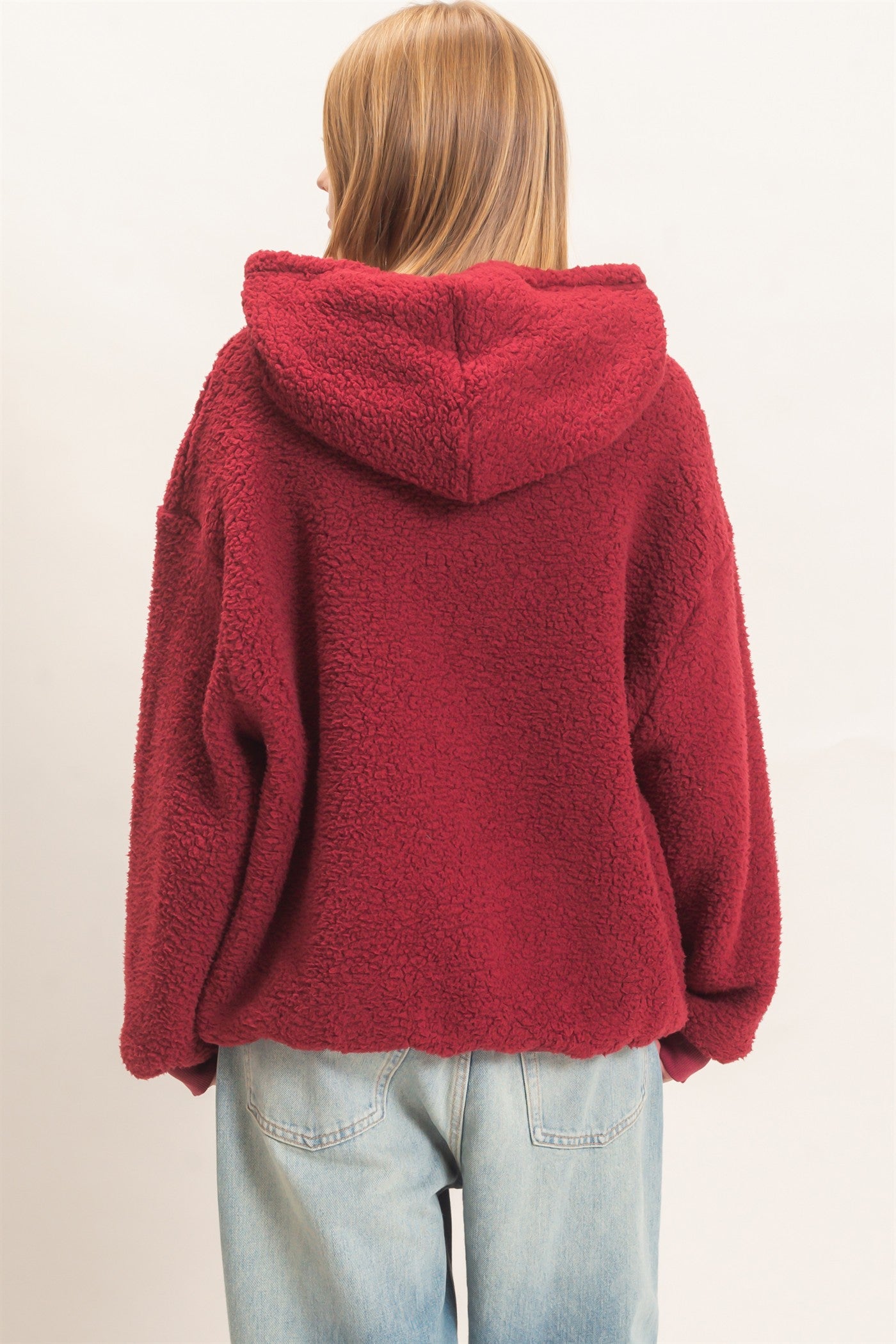 Wholesale Plush Sherpa Pullover Hoodie Hoodies HF26F289 BURGUNDY HYFVE