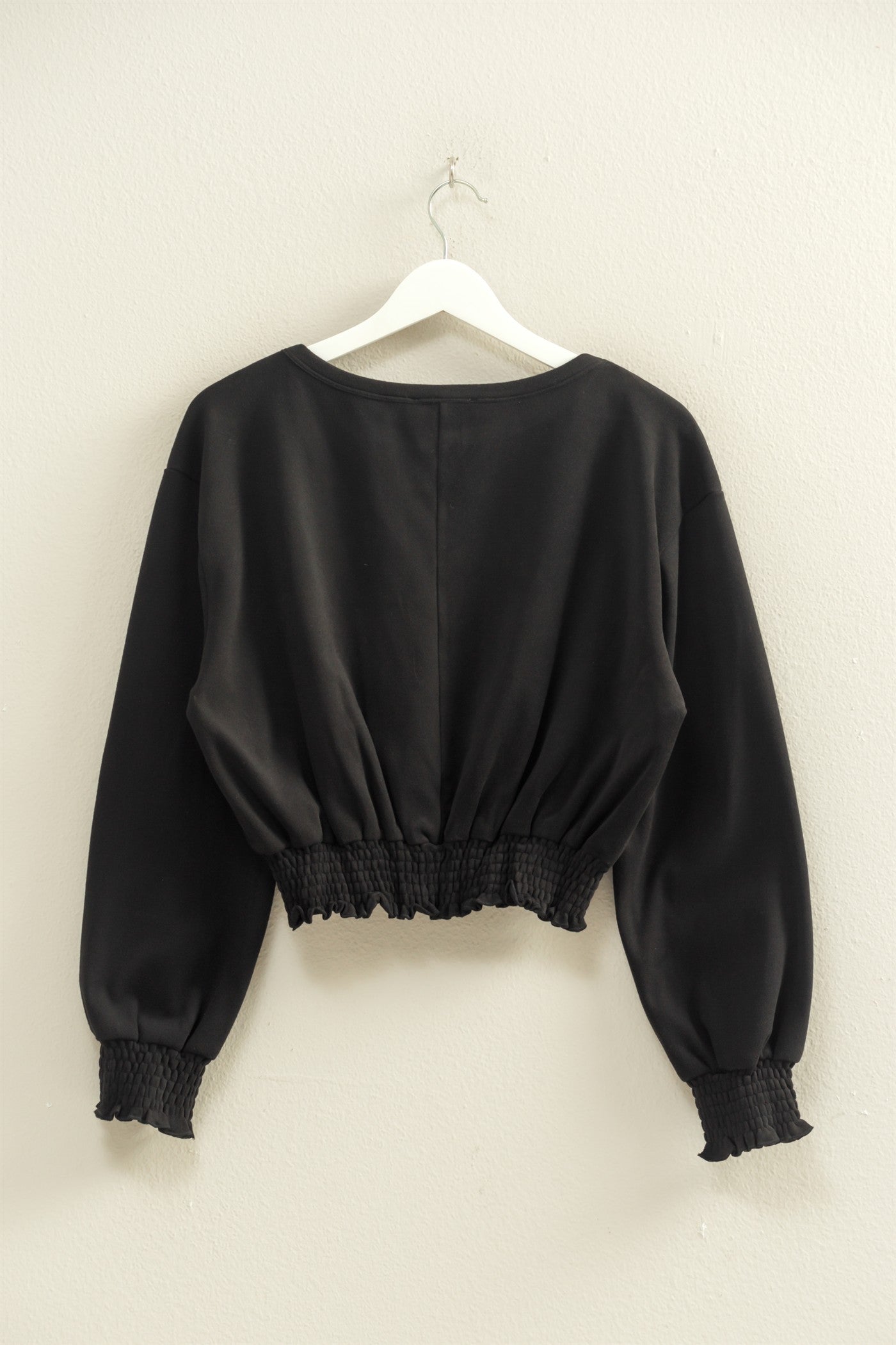 Wholesale Brushed Knit Smocked Crop Top Clothing Tops HF24C116 BLACK HYFVE